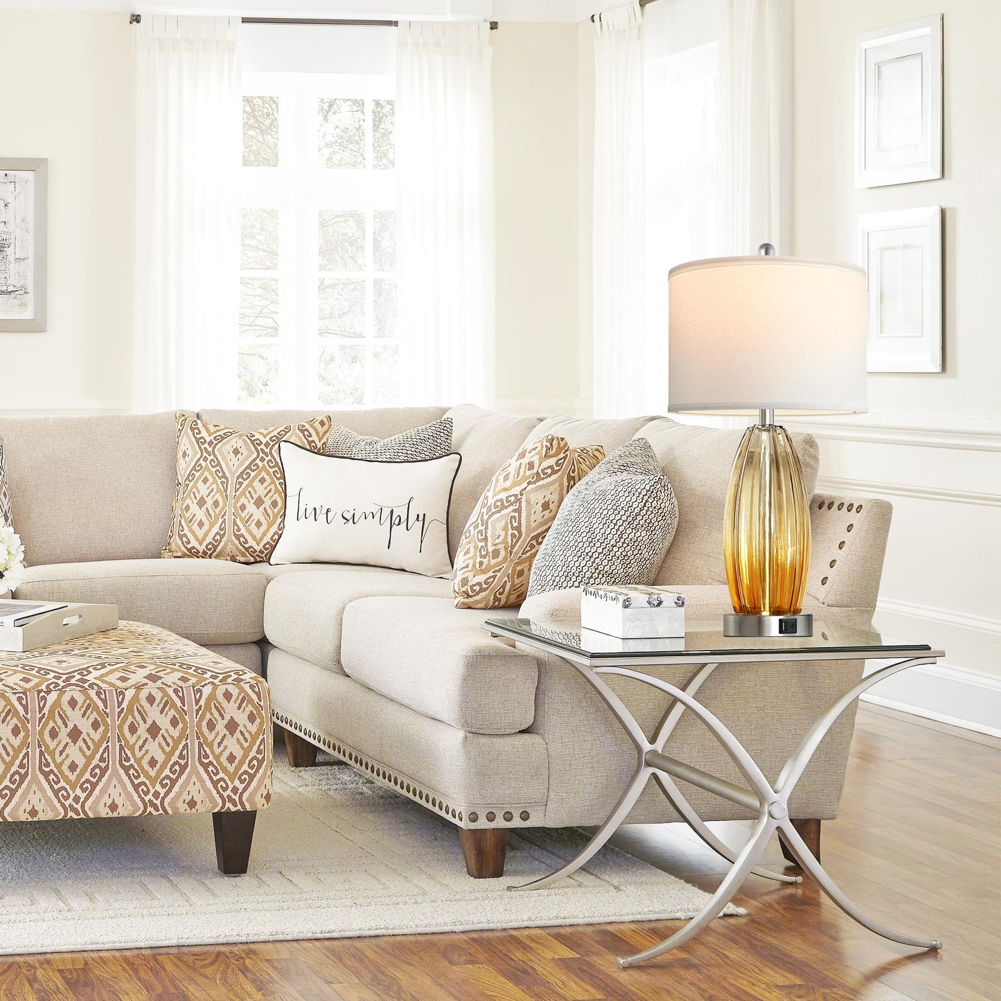 ROTTOGOON Table Lamps for Living Room Set of 2, Glass Table Lamp with USB C+A Ports & 2 LED Bulbs for End Tables Bedside