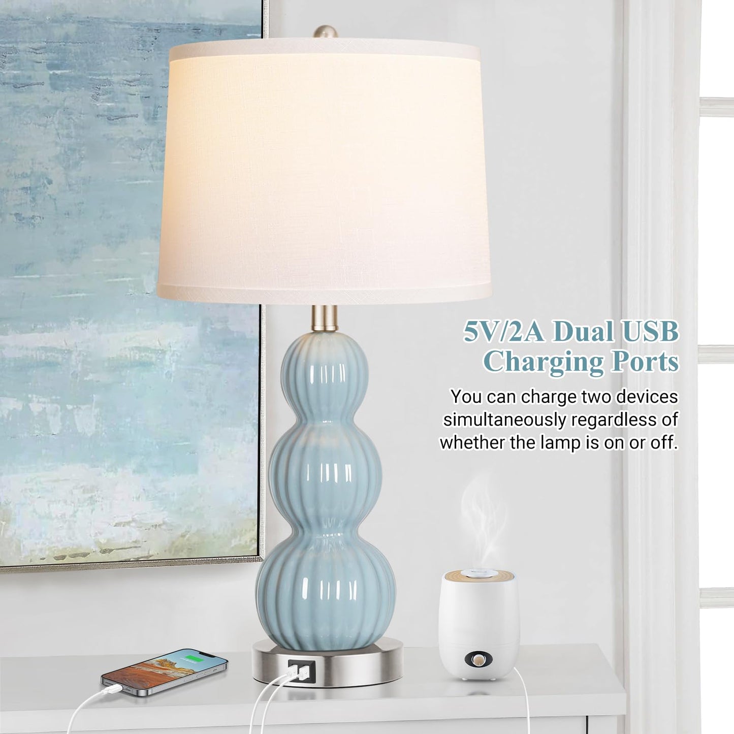 ROTTOGOON Table Lamps for Bedroom Set of 2, 26.5" Bedside Lamps for Living Room with USB Ports Touch Control, Modern Blue Ceramic Nightstand Lamp