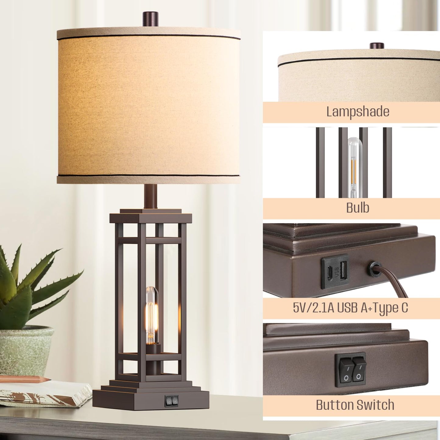 27.5 Tall Farmhouse Table Lamps with USB C + USB A Charge Ports, Rustic Living Room Lamps Set of 2, Black Industrial End Table Lamp for Bedroom Living Room Nightstand (Oil-Rubbed Bronze)