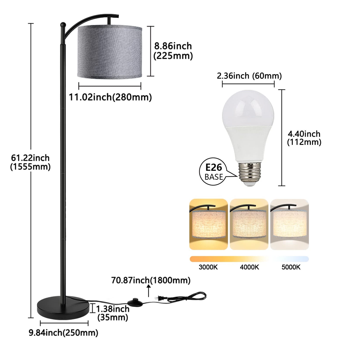 Floor Lamp with 3CCT LED Bulb, Lamp for Living Room with Gray Linen Lamp Shade, Modern Standing Lamp Floor Lamps for Bedrooms - Black