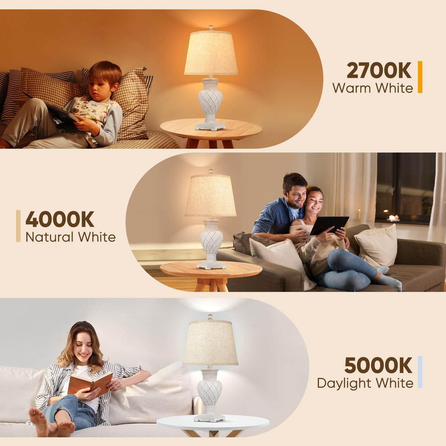 Tradition Table Lamp Set of 2, Farmhouse Boho Bedside Lamps with 3-Color Temperature LED Bulbs, Nightstand Vintage Lamp for Living Room Bedroom Home Office