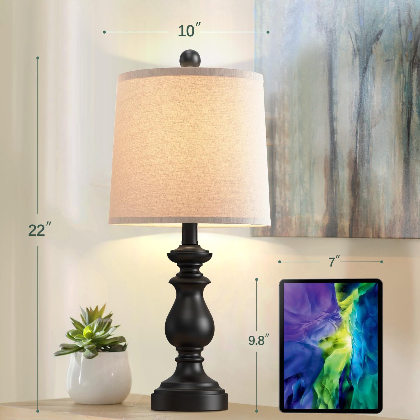 Traditional Table Lamp Set of 2, Rustic Farmhouse Table Lamps for Living Room Bedroom, 22" Bedside Desk Lamps Vintage Nightstand Lamps with Linen Shades, Matte Black