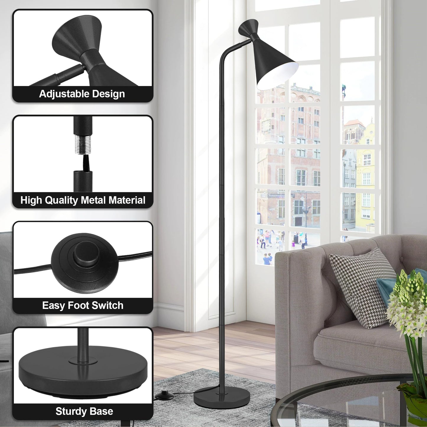 Floor Lamp for Living Room, Modern Adjustable Metal Heads Standing Lamps, Simple Design Black Floor Lamp with Foot Switch for Bedroom, Office, Kids Room, Reading, Working(Bulb Not Included)