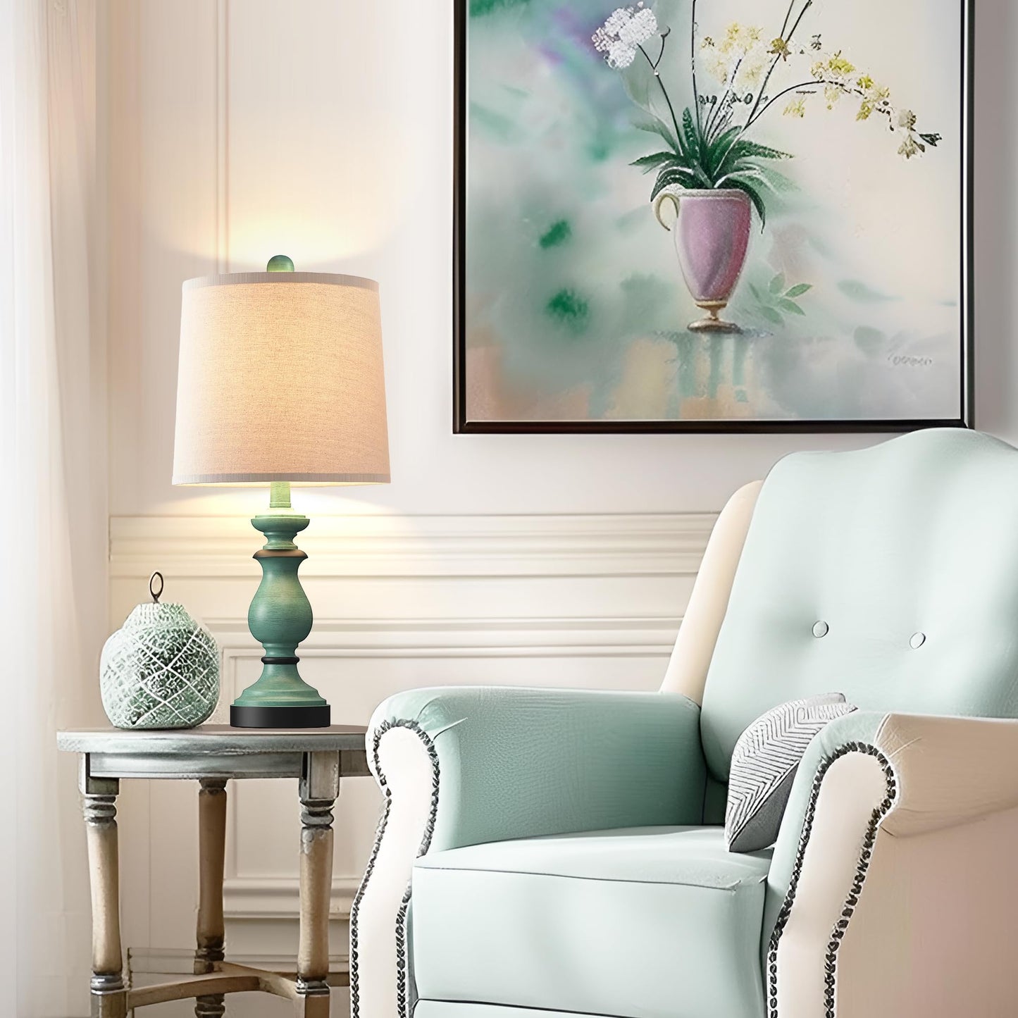 Traditional Table Lamp Set of 2, Rustic Farmhouse Table Lamps for Living Room Bedroom, 22" Bedside Desk Lamps Vintage Nightstand Lamps with Linen Shades, Green