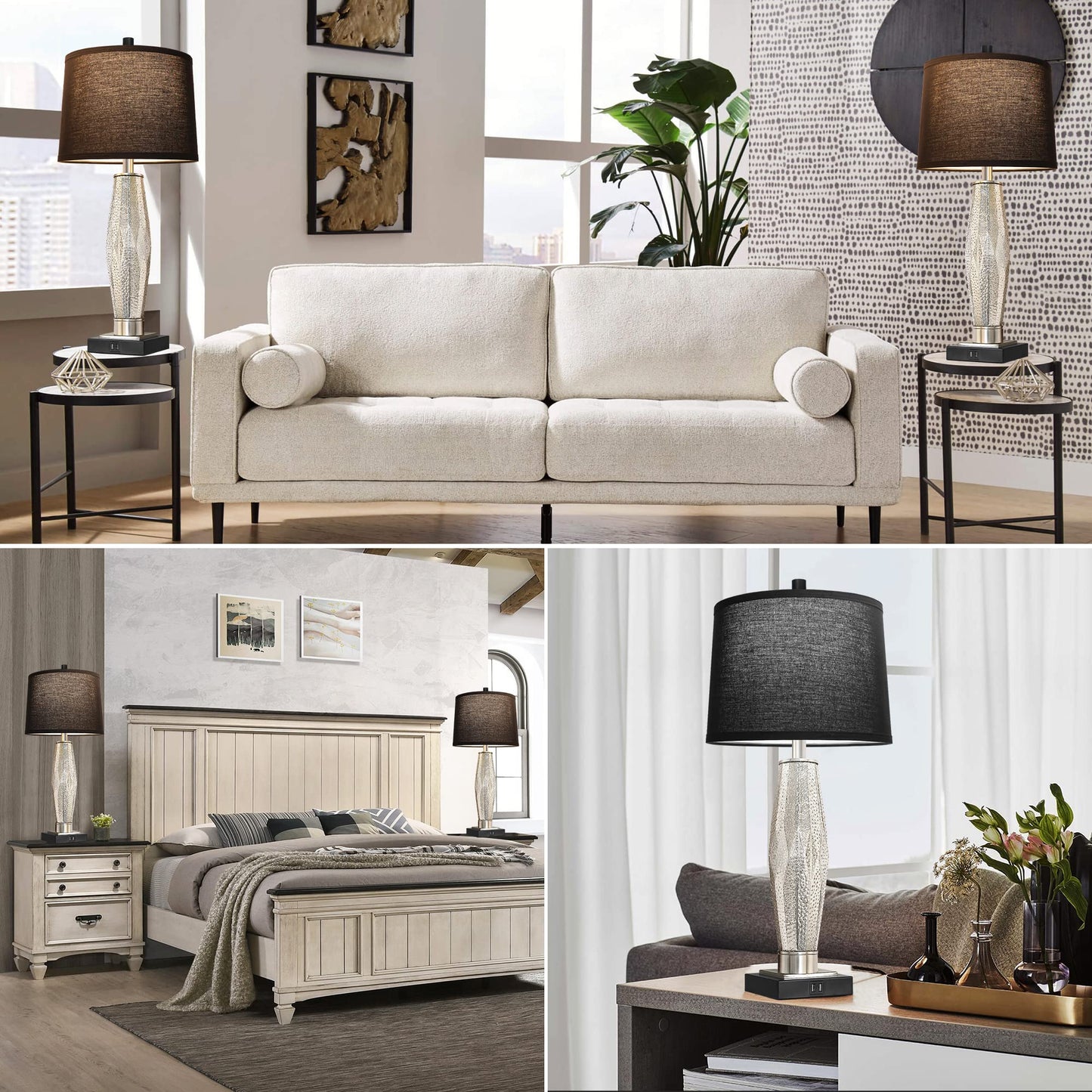 ROTTOGOON Table Lamps Set of 2 with USB Charging Ports & Rotary Switches, Modern Glass Beside Lamps for Living Room Nightstand Home Decor, Black