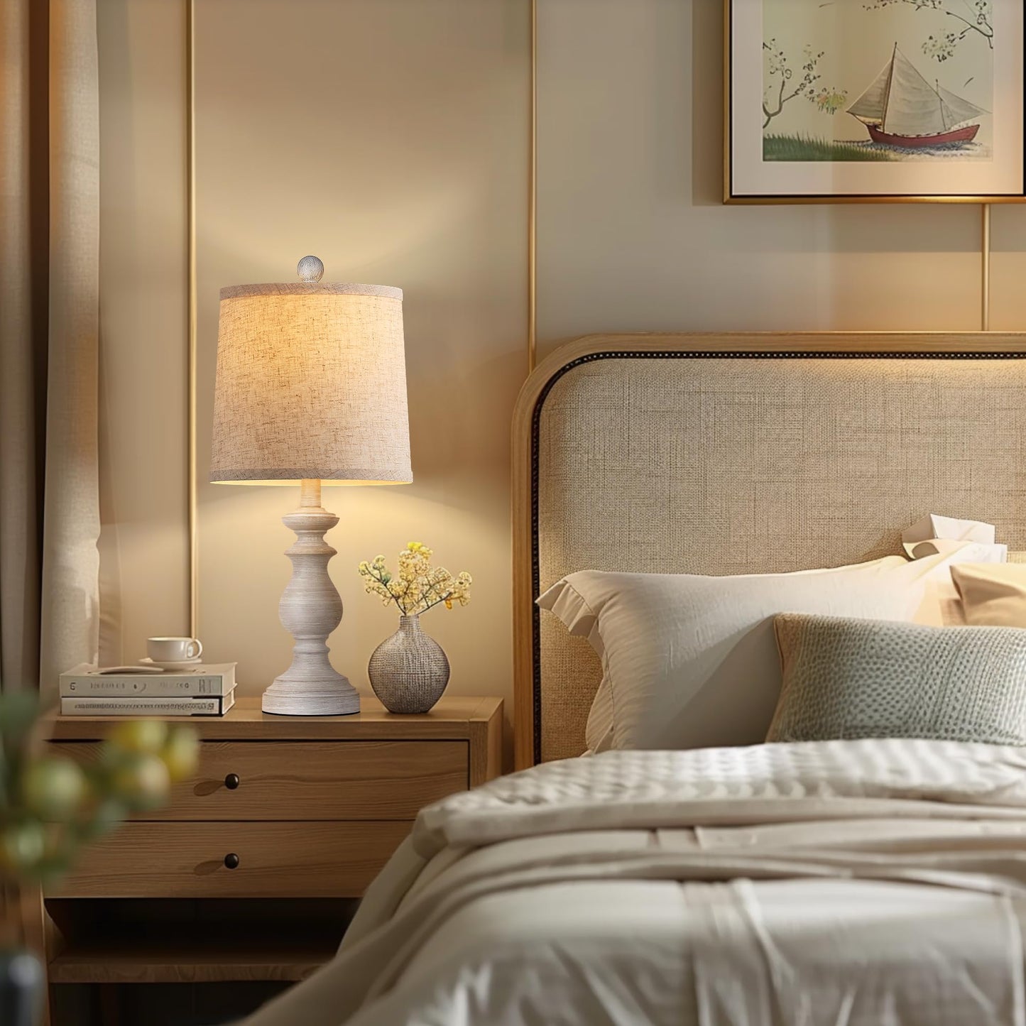 ROTTOGOON 22" Traditional Table Lamp Set of 2, Rustic Farmhouse for Living Room Bedroom, Vintage Bedside Nightstand Lamps with Linen Shades