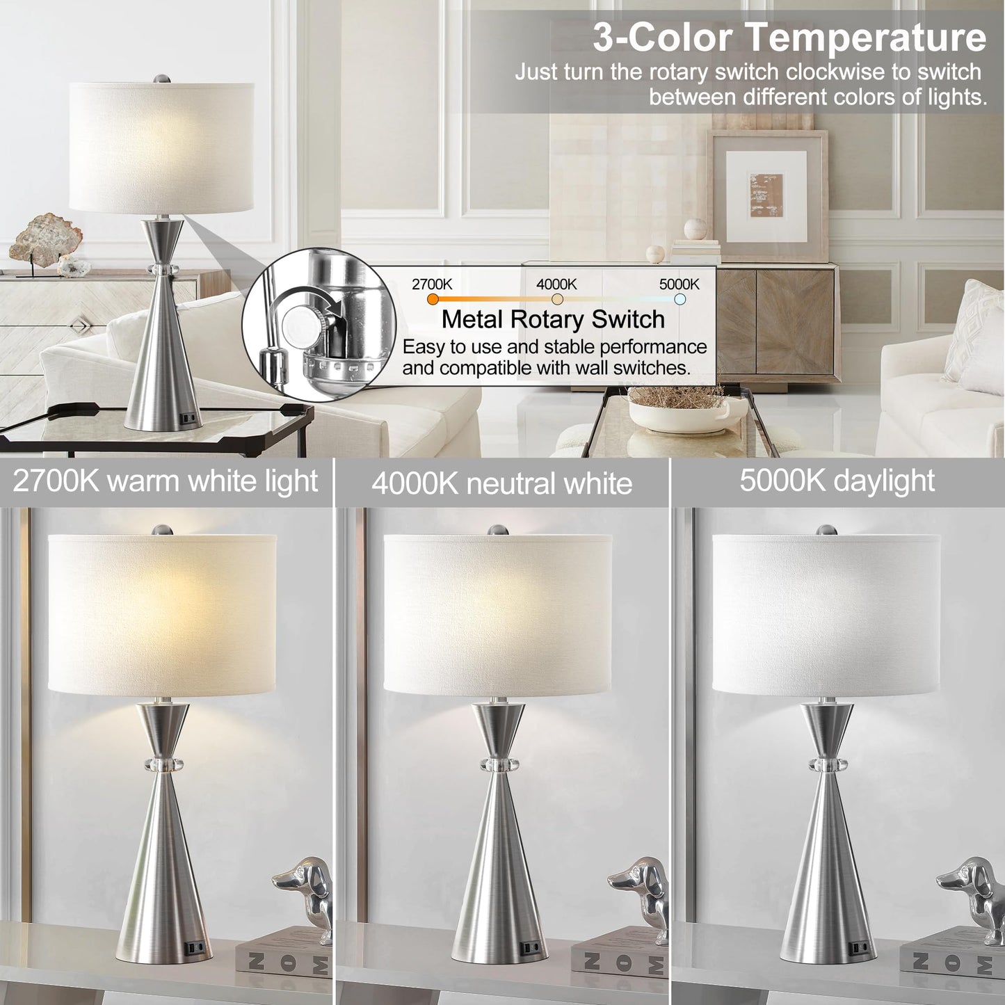 ROTTOGOON Table Lamps Set of 2, 3CCT Dimmable Modern Metal Bedside Lamps with 2 USB Ports, for Living Room Bedrooms Decorations