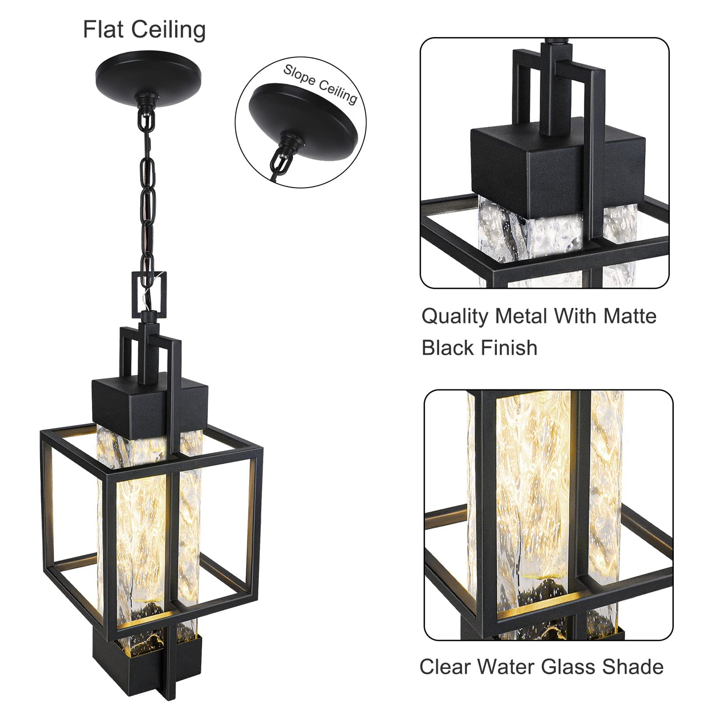 15" Outdoor Indoor Pendant Light Exterior Hanging Lantern, Modern Black Metal Outside Chandelier Light Fixture Ceiling Mount with Water Glass for Front Porch Entrance Foyer Entryway (Bulb Included)