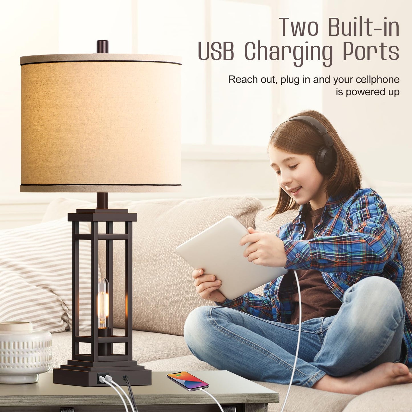 27.5 Tall Farmhouse Table Lamps with USB C + USB A Charge Ports, Rustic Living Room Lamps Set of 2, Black Industrial End Table Lamp for Bedroom Living Room Nightstand (Oil-Rubbed Bronze)