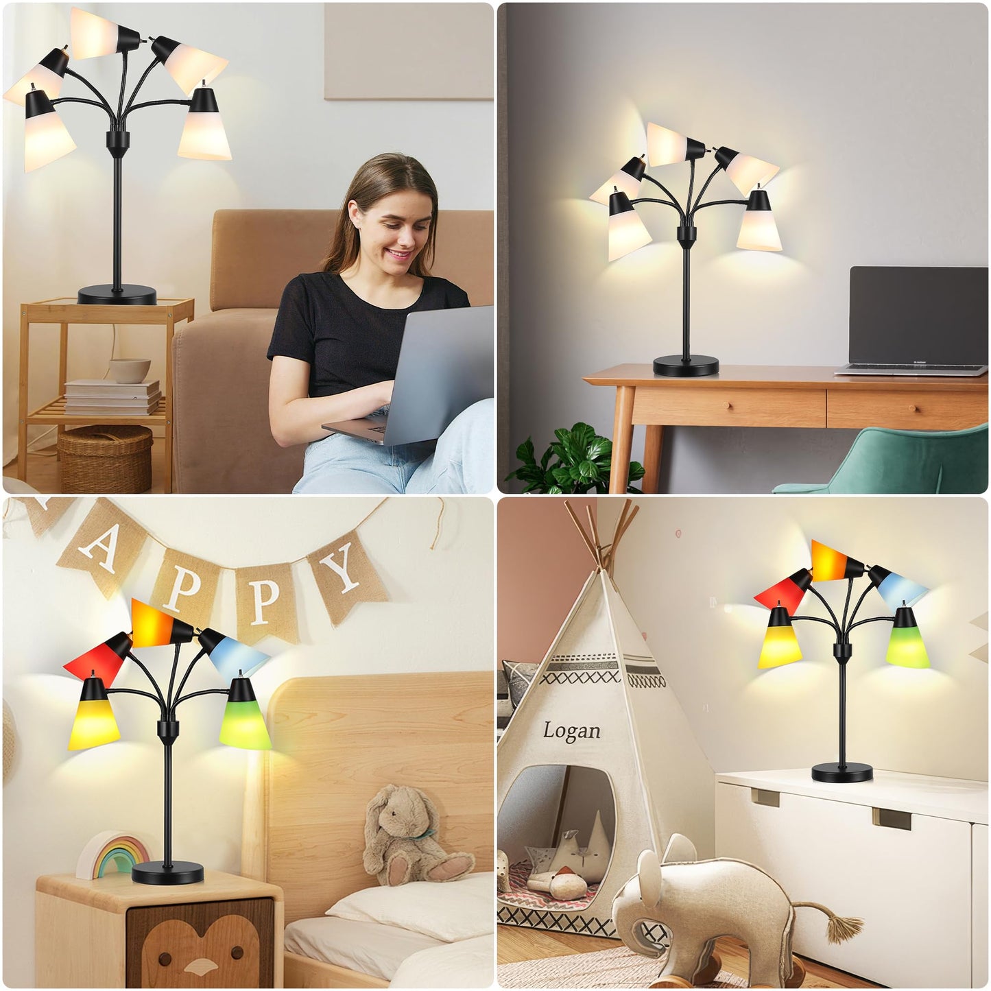 ROTTOGOON Medusa Bedside Table lamp for Bedroom, Modern Multi Head 5 Shade Lamps, for Night Stands Living Room Kids Room Office