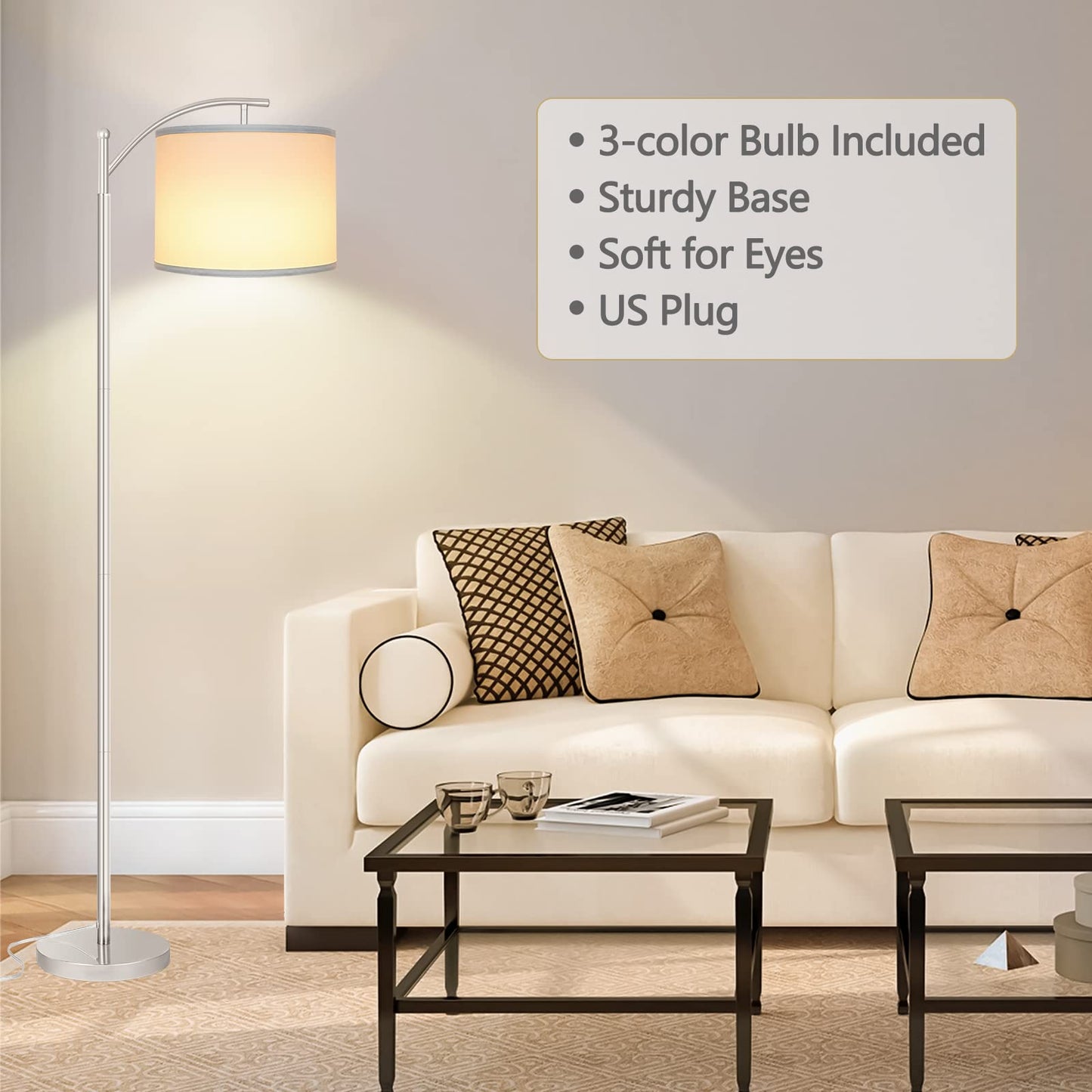 Floor Lamp for Living Room, LED Standing Lamp with 2 Lamp Shades for Bedroom, 9W LED Bulb Included - Silver
