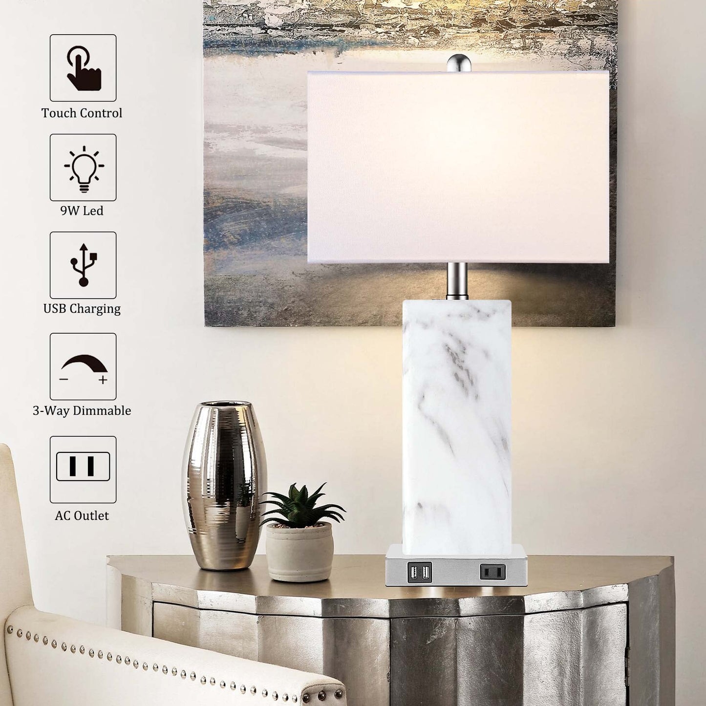 ROTTOGOON Touch Control Table Lamps Set of 2, Modern Ceramic Bedside Lamp with 2 USB Ports 1 AC Outlet, for Living Room Bedroom