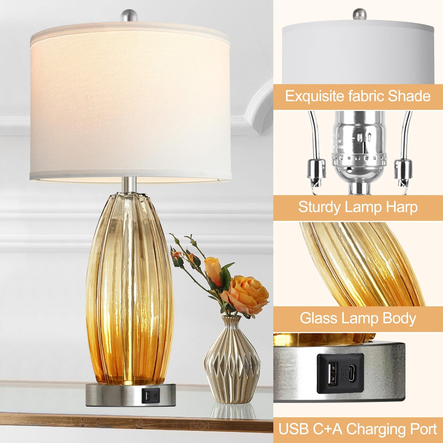 ROTTOGOON Table Lamps for Living Room Set of 2, Glass Table Lamp with USB C+A Ports & 2 LED Bulbs for End Tables Bedside