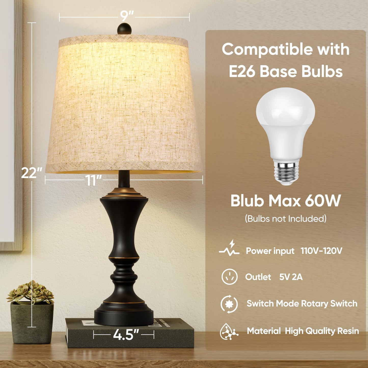 Retro Table Lamps Set of 2, Nightstand Lamp for Bedroom Vintage Rustic Table Lamps for Living Room Traditional Nightstand Bedside Lamps 22" (Black) Bulb NOT Included