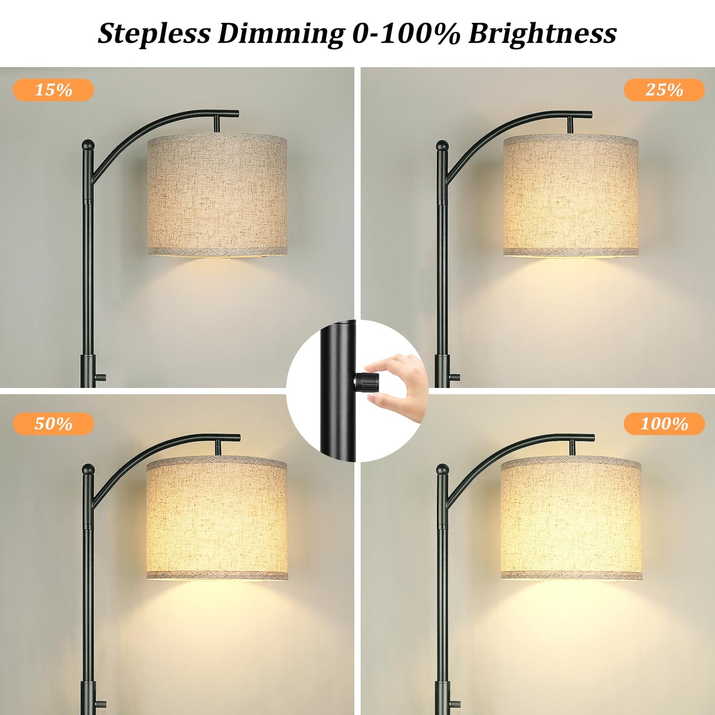 Dimmable Floor Lamp, Arc Floor Lamps for Living Room, Stepless Dimming Modern Standing Lamp with Linen Shade, Tall Lamp for Bedroom Office Dining Room- Black