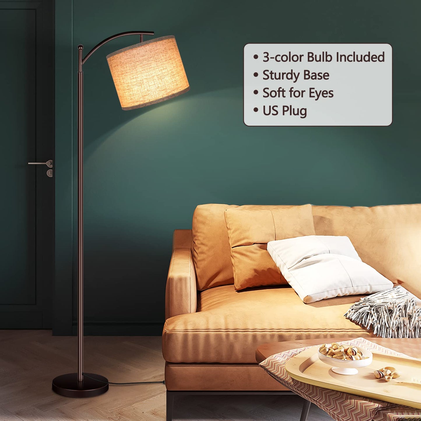 Floor Lamp for Living Room, LED Standing Lamp Tall Industrial Floor Lamp Reading for Bedroom, Office (9W LED Bulb, Beige Lampshade Included) -Oil-Rubbed