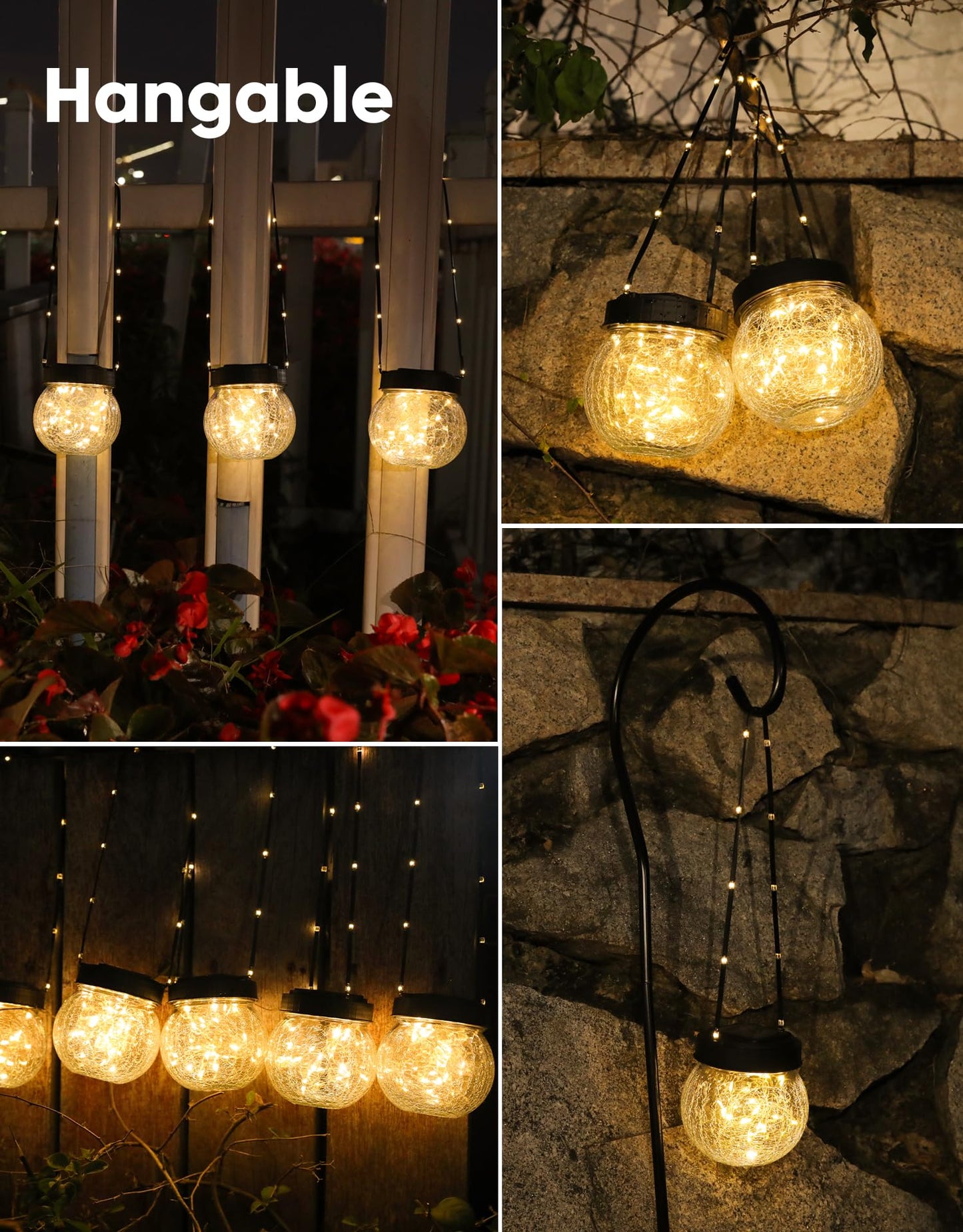 Solar Lantern Solar Lights Outdoor Waterproof 6-Pack, Solar Powered Hanging Lights Cracked Glass Hanging Globes for Christmas Decoration, Shepherd Hook, Garden Tree Ornaments