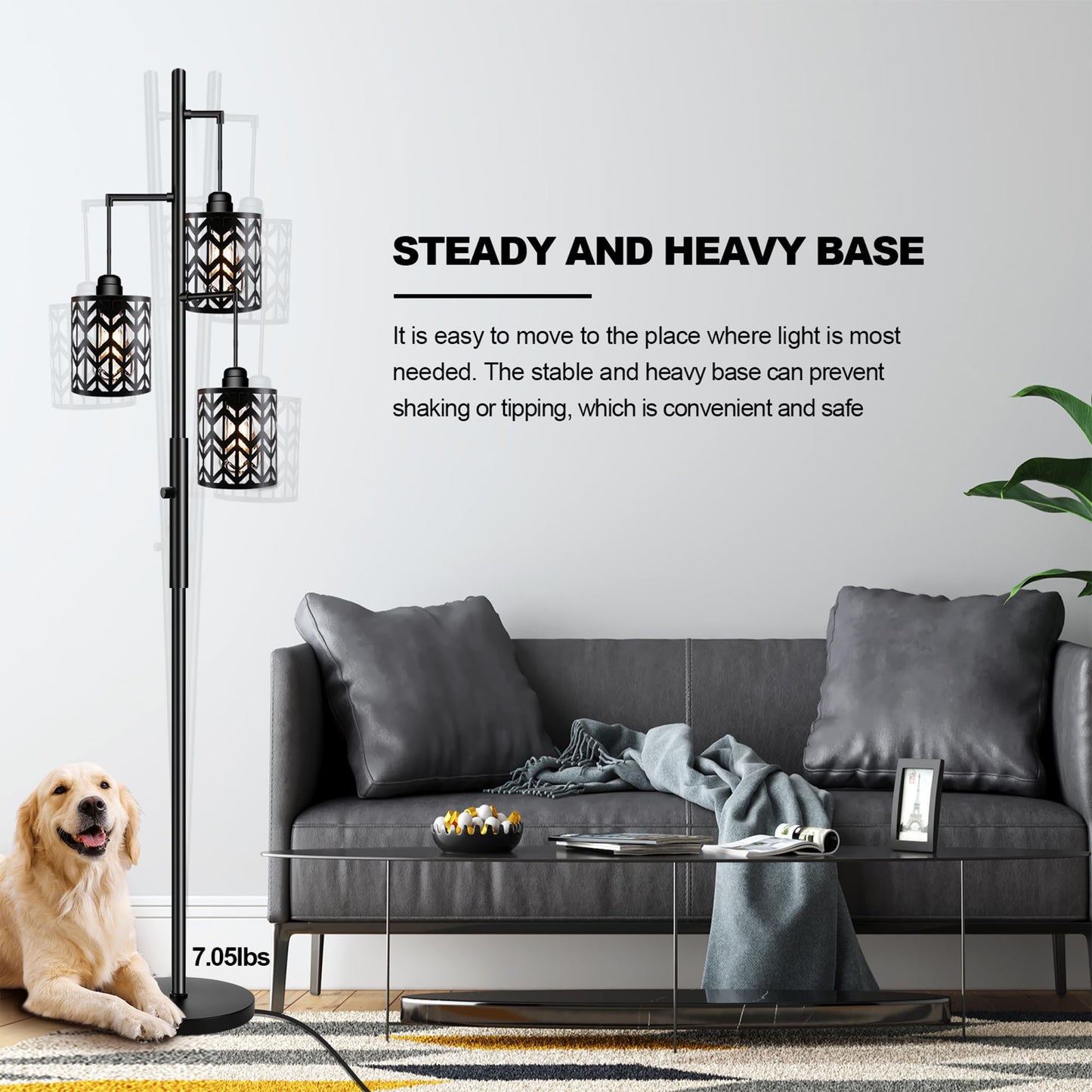 Dimmable Floor Lamp, Industrial Standing Floor lamp for Living Room, Tall Farmhouse Rustic lamp with 3 LED Bulbs, Tree Floor Lamp for Bedrooms, Living Room, Home Office, Metal, Black, 68"