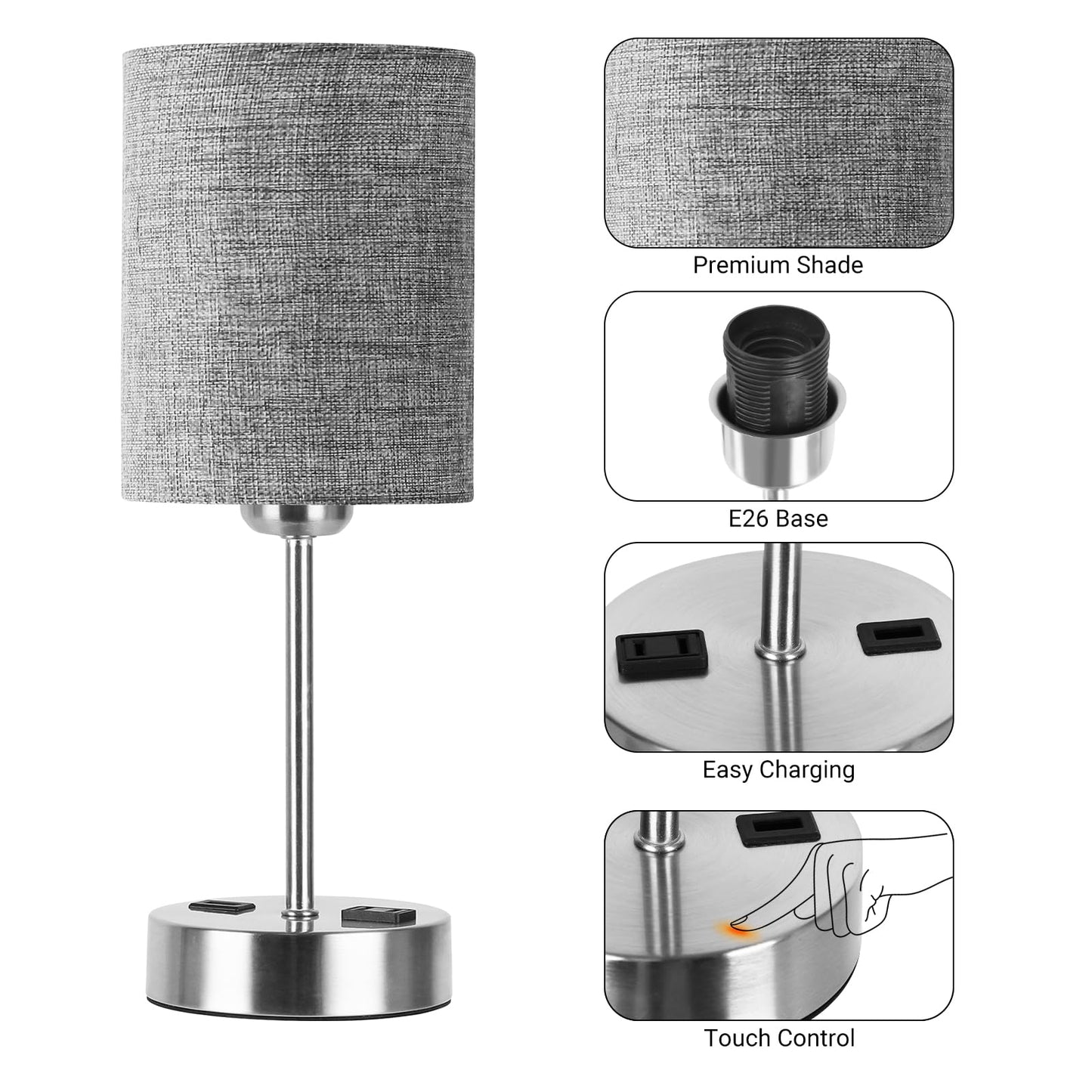 ROTTOGOON Touch Table Lamps Set of 2 with USB Port & Power Outlet, Dimmable Desk Lamp for Living Room Nursery Room, Bulbs Included, Grey