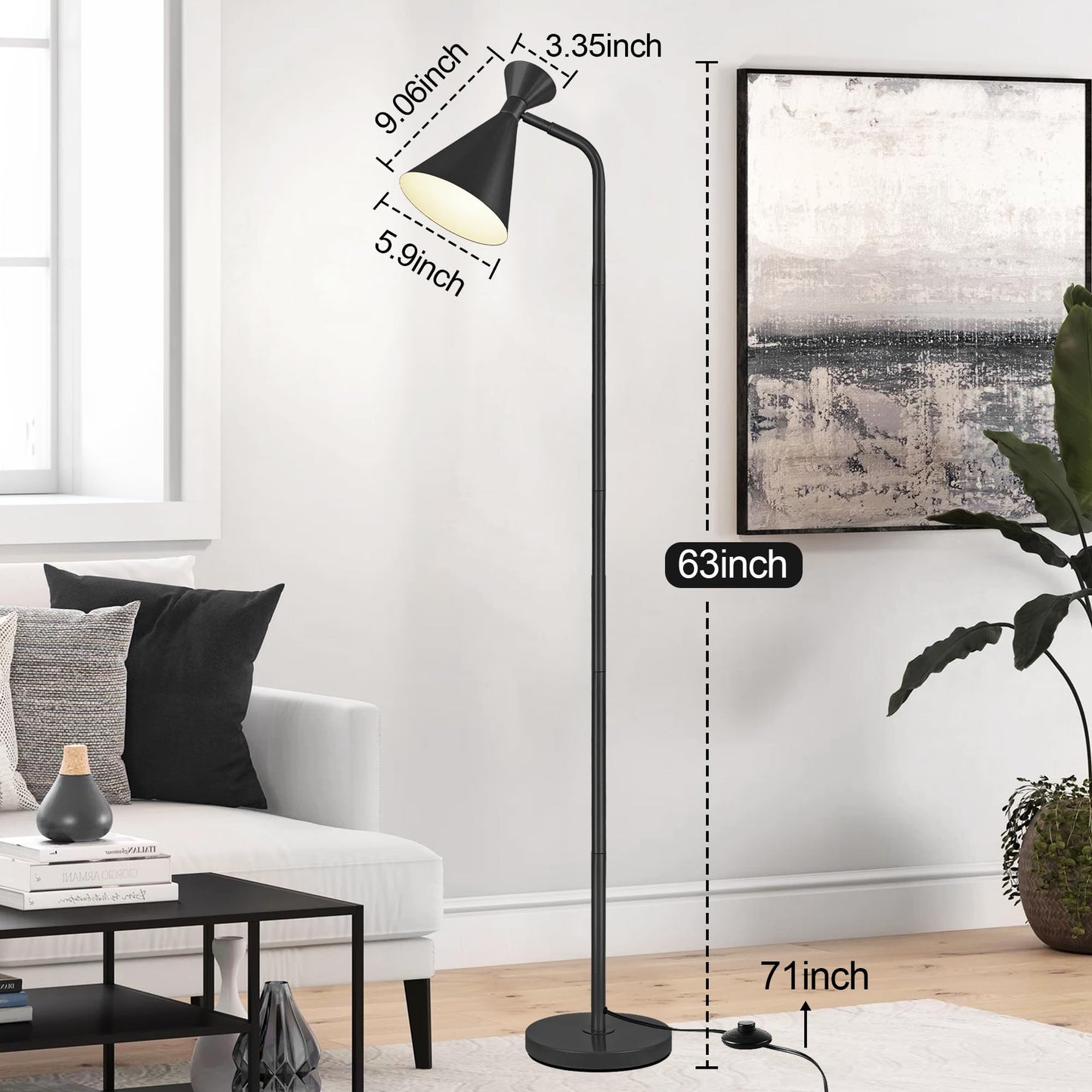 Floor Lamp for Living Room, Modern Adjustable Metal Heads Standing Lamps, Simple Design Black Floor Lamp with Foot Switch for Bedroom, Office, Kids Room, Reading, Working(Bulb Not Included)