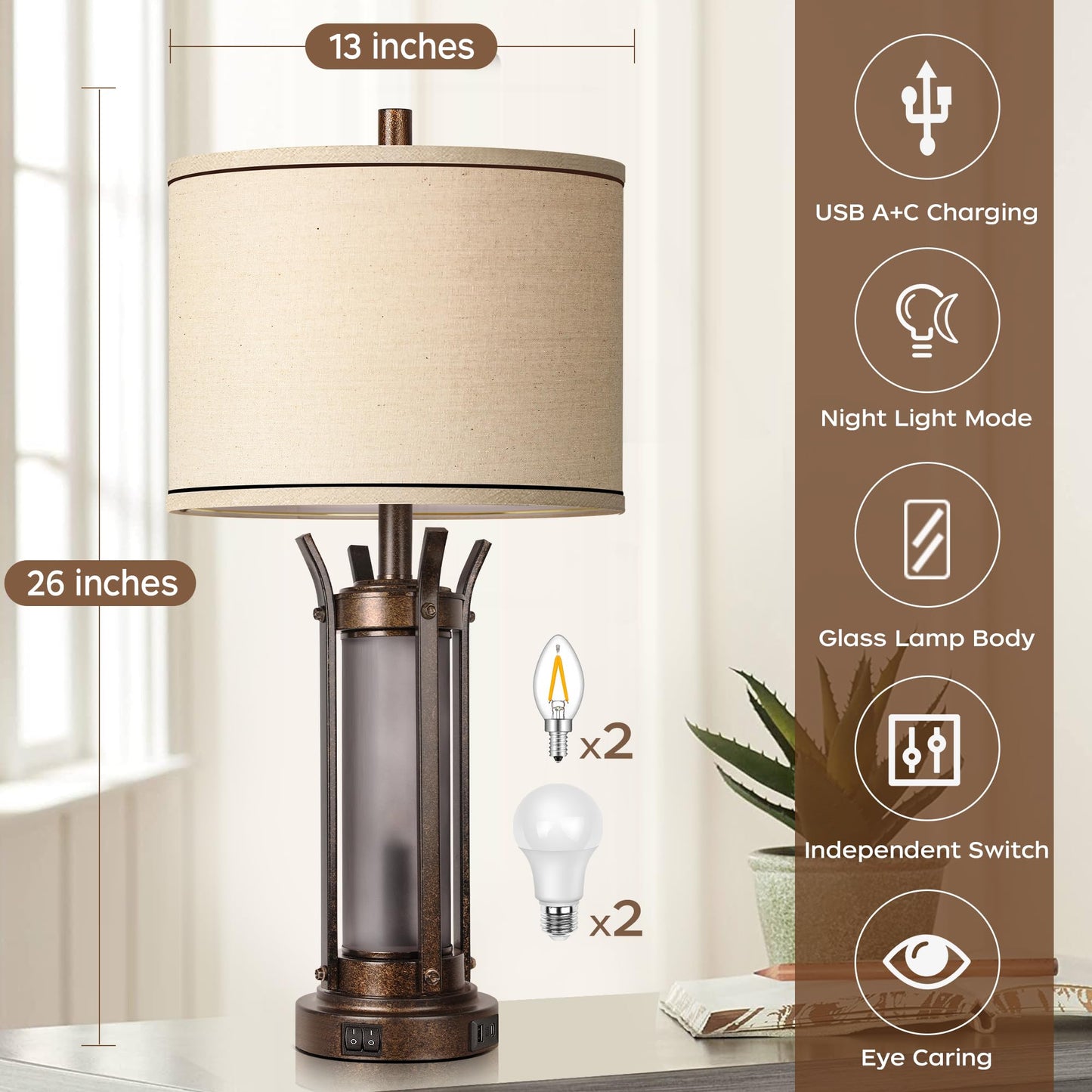 ROTTOGOON Farmhouse Table Lamps with USB A+C Charging Ports, Frosted Glass Lamp for Bedroom Living Room Entryway, Bulbs Included, Bronze