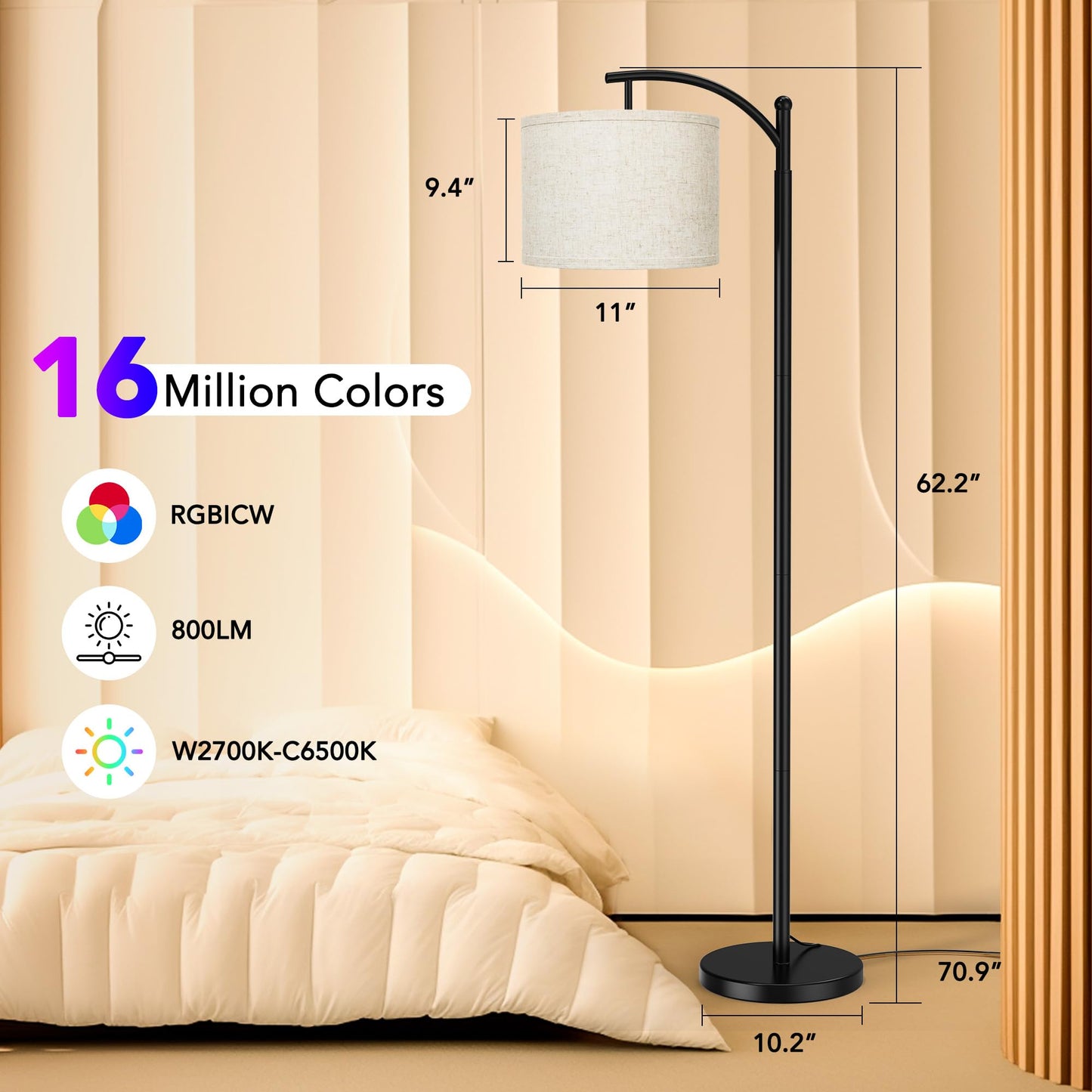 Floor Lamps with Matter Smart Light Bulb, RGB + Color Temperatures Bright Dimmable Smart Floor lamp, Living Room Standing Tall Industrial Floor Lamp (Beige Lampshade Included) -Black