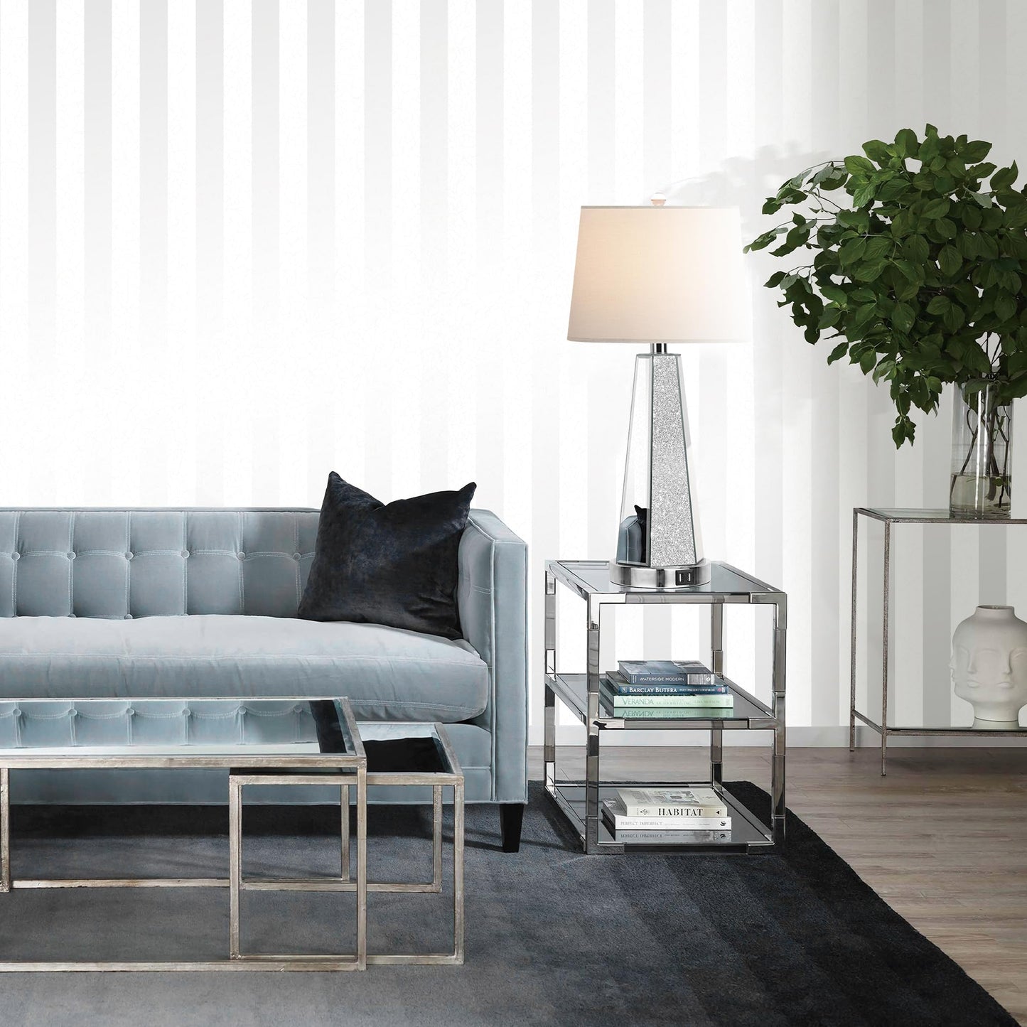 ROTTOGOON Set of 2 Mirrored Glass Bedside Table Lamps for Bedrooms with 2 USB Ports Chrome Modern Silver Living Room Lamps for End Tables