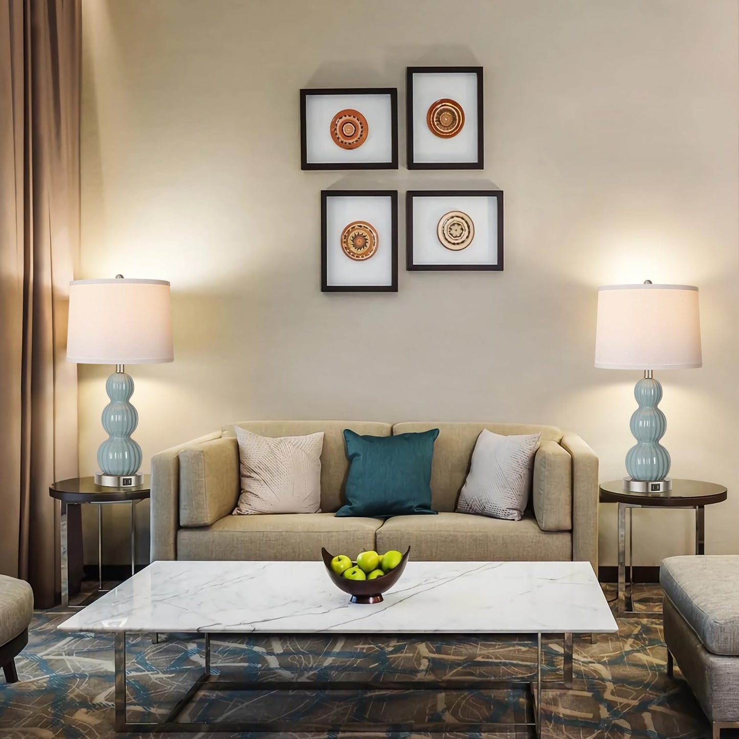 ROTTOGOON Table Lamps for Bedroom Set of 2, 26.5" Bedside Lamps for Living Room with USB Ports Touch Control, Modern Blue Ceramic Nightstand Lamp