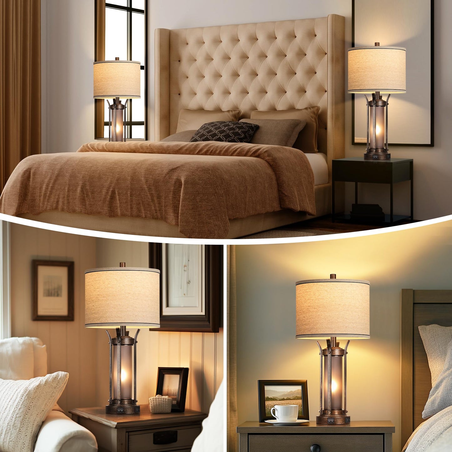 ROTTOGOON Farmhouse Table Lamps with USB A+C Charging Ports, Frosted Glass Lamp for Bedroom Living Room Entryway, Bulbs Included, Bronze
