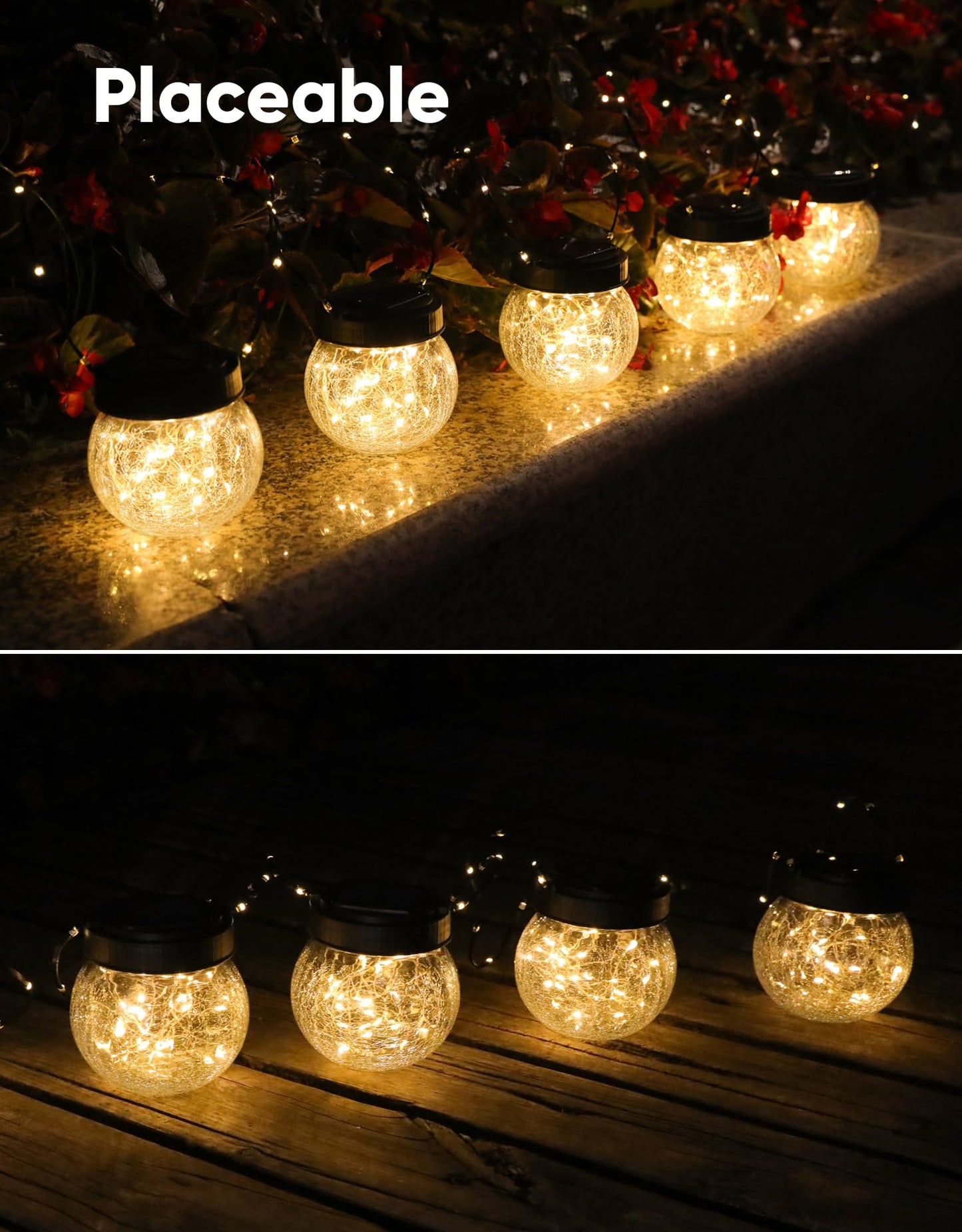 Solar Lantern Solar Lights Outdoor Waterproof 6-Pack, Solar Powered Hanging Lights Cracked Glass Hanging Globes for Christmas Decoration, Shepherd Hook, Garden Tree Ornaments