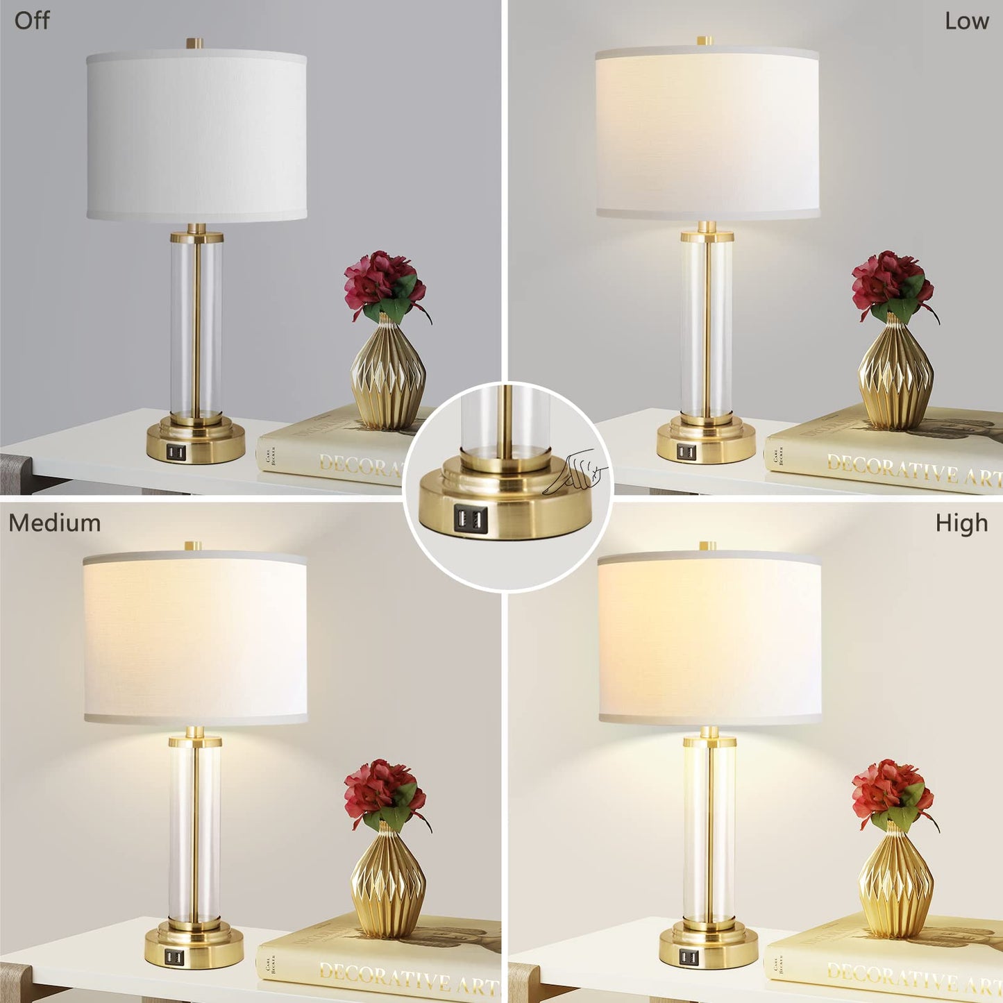 ROTTOGOON Table Lamps Set of 2, Touch Control & 3-Way Dimmable Modern Nightstand Lamp with Dual USB Ports & Lampshade for Living Room Bedroom
