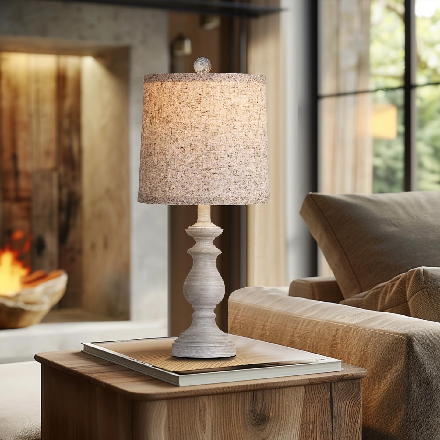 Traditional Table Lamp Set of 2, Rustic Farmhouse Table Lamps for Living Room Bedroom, 22" Bedside Desk Lamps Vintage Nightstand Lamps with Linen Shades, Antique White