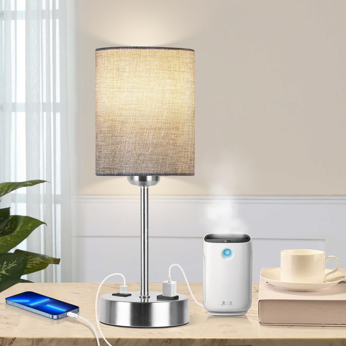 ROTTOGOON Touch Table Lamps Set of 2 with USB Port & Power Outlet, Dimmable Desk Lamp for Living Room Nursery Room, Bulbs Included, Grey