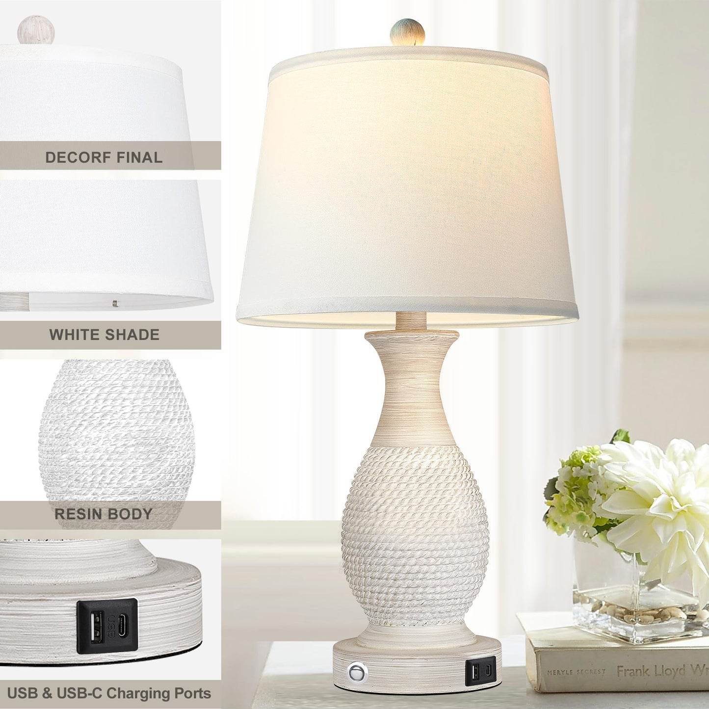 ROTTOGOON Set of 2 Table Lamps with USB C+A Ports, 26" Dimmable Nightstand Lamp with Fabric Shade for Living Room Bedroom Home Office