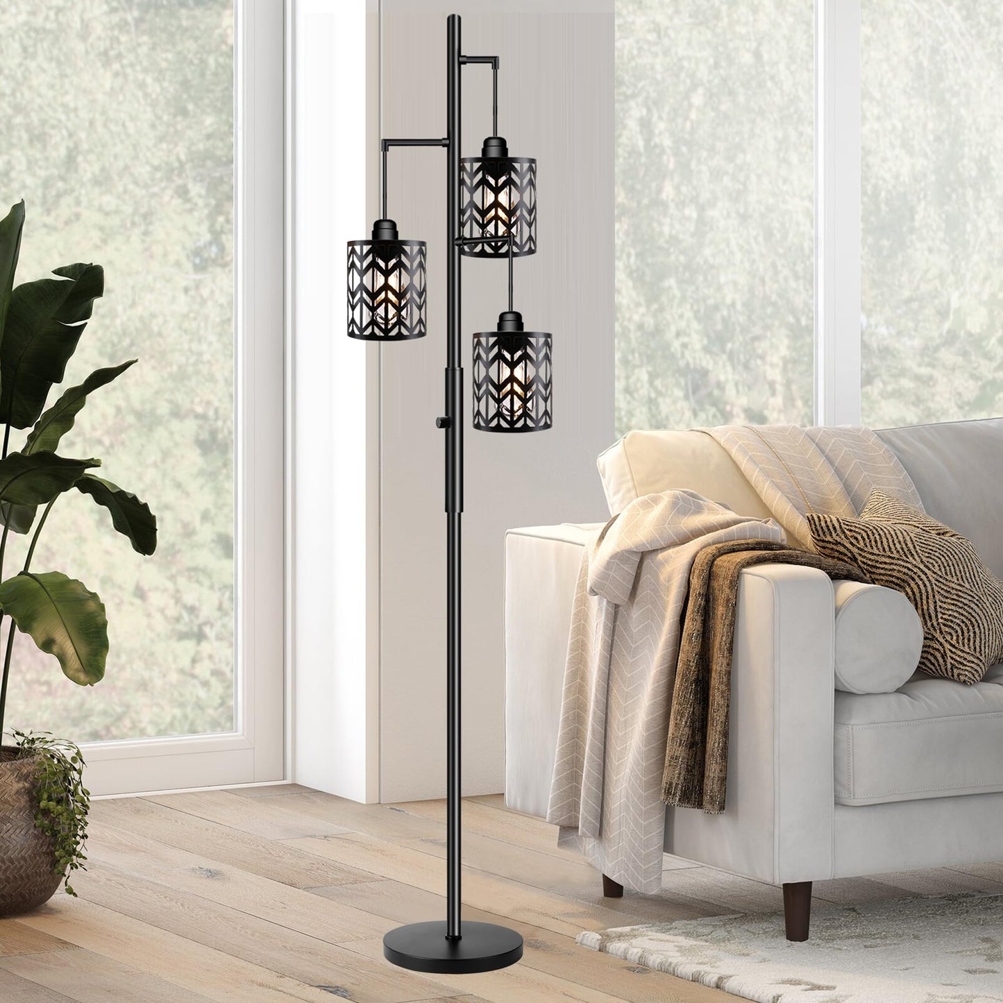 Dimmable Floor Lamp, Industrial Standing Floor lamp for Living Room, Tall Farmhouse Rustic lamp with 3 LED Bulbs, Tree Floor Lamp for Bedrooms, Living Room, Home Office, Metal, Black, 68"