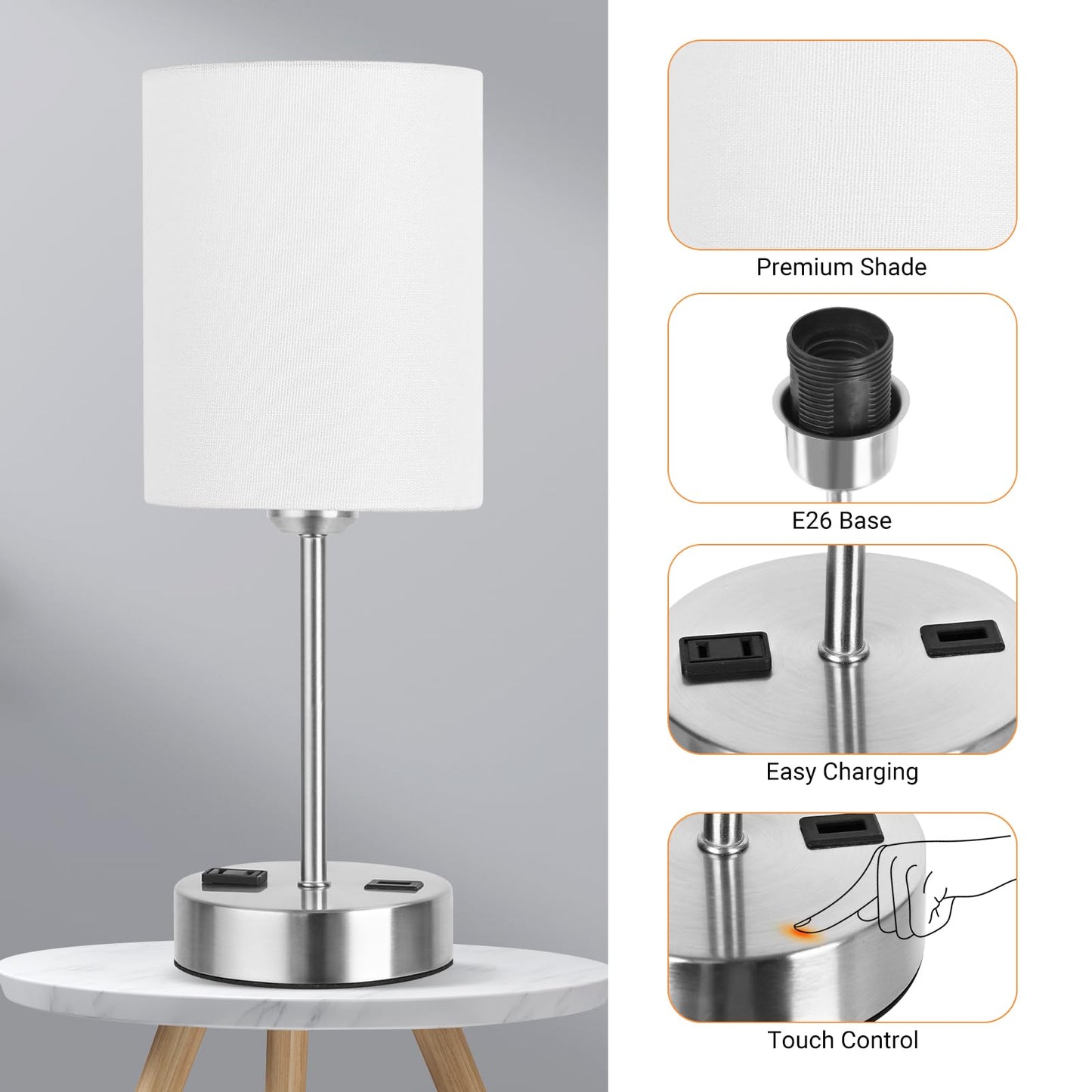 ROTTOGOON Touch Table Lamps Set of 2 with USB Port & Power Outlet, Dimmable Desk Lamp for Living Room Nursery Room, Bulbs Included, White