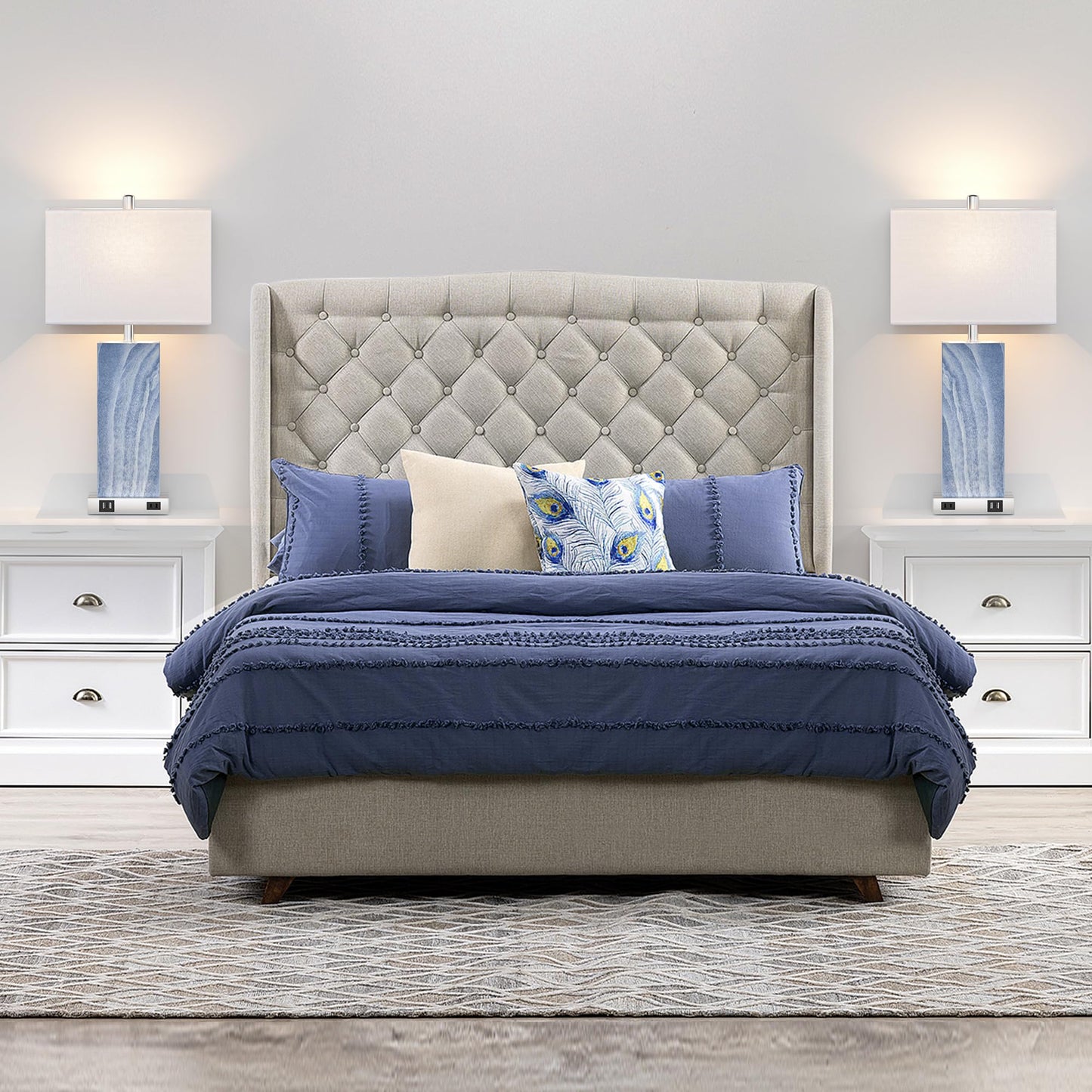 ROTTOGOON Touch Control Dimmable Table Lamps with White Fabric Shad, 2 USB Ports 1 AC Outlet for Living Room Bedroom, Bulbs Included, 2 Pack