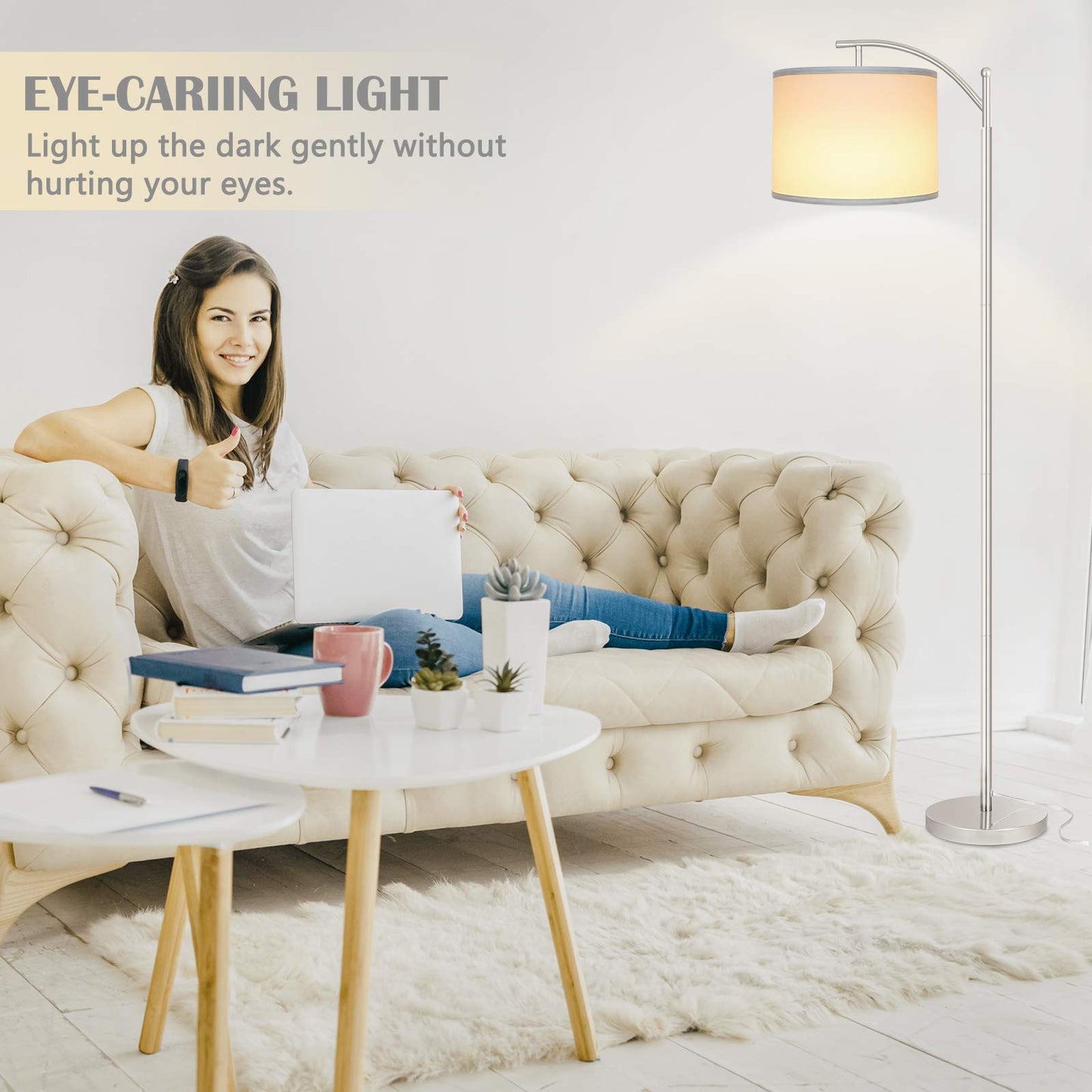 Floor Lamp for Living Room, LED Standing Lamp with 2 Lamp Shades for Bedroom, 9W LED Bulb Included - Silver