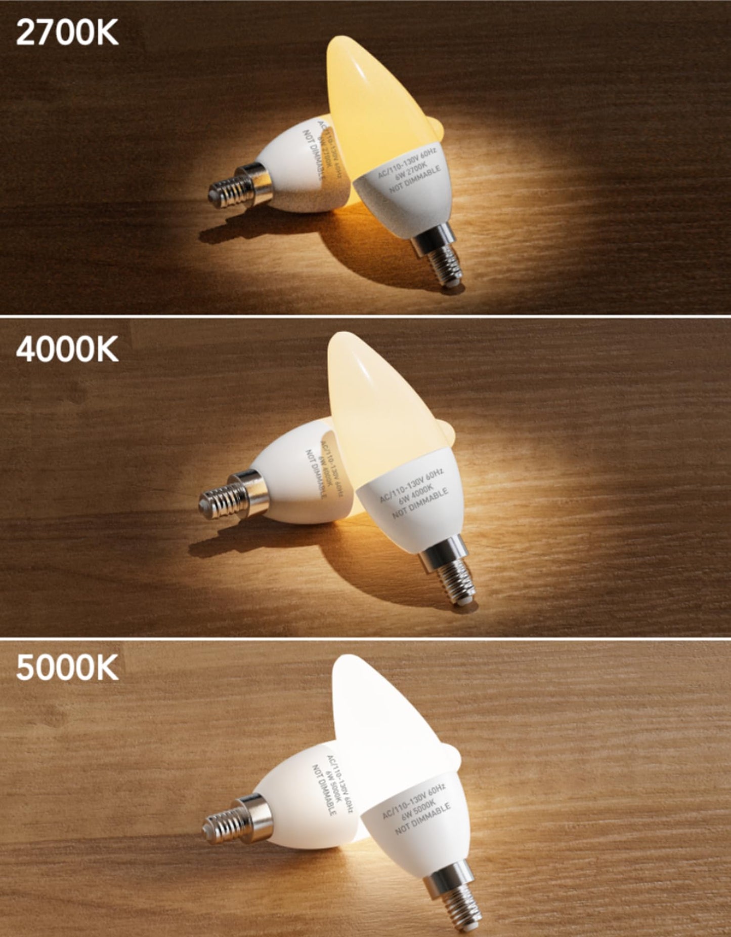 E12 LED Light Bulbs B11 Candelabra Bulbs 60W Equivalent, Non-Dimmable 6W LED Candle Chandelier Bulb 600 Lumen, 5000K Daylight White, Pack of 6