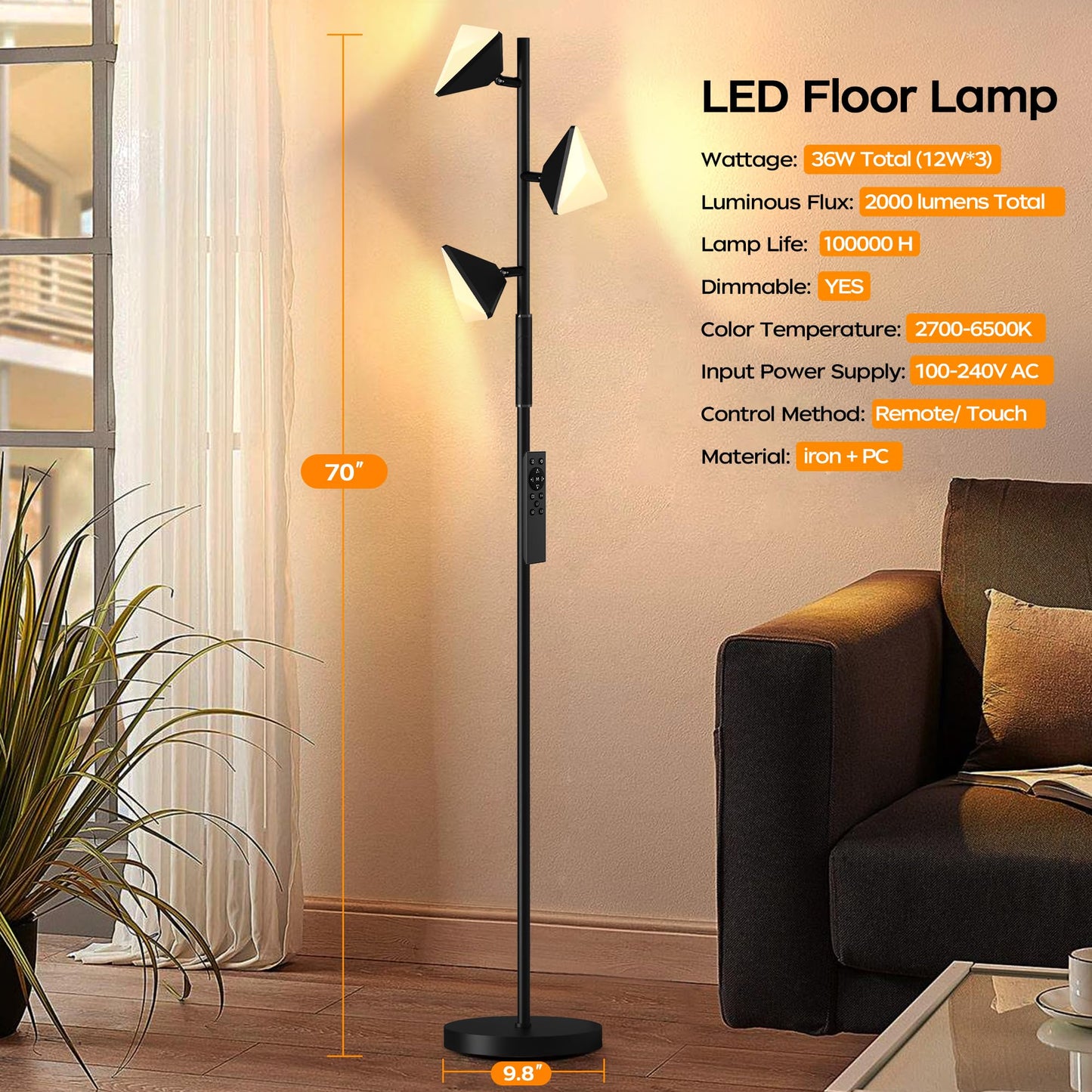 LED Tree Floor Lamp, 36W Dimmable Tall Standing Lamp with Remote & Touch Control, 2700K-6500K 4 Color Temperatures, 3 Rotatable LED Lights Floor Lamps for Living Room, Bedroom, Office