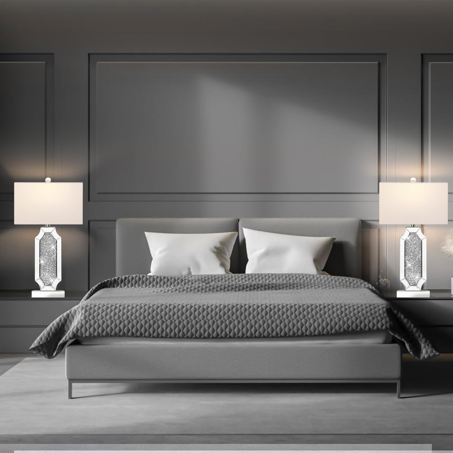 ROTTOGOON Dimmable Touch Diamond Crushed Mirrored Bedside Table Lamps with USB A+C Ports Set of 2, for Living Room Bedroom