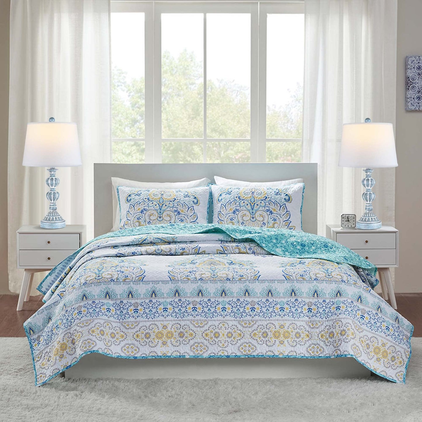 ROTTOGOON Touch Control Table Lamp Set of 2, 3-Way Dimmable Bedside Lamps with 2 USB Charging Ports for Living Room, Bedroom - Blue Washed White