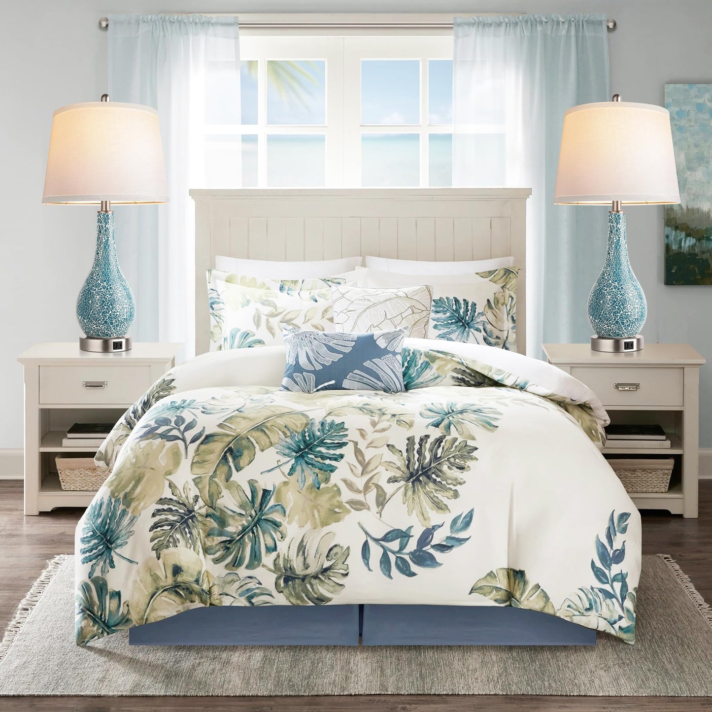 ROTTOGOON Blue Table Lamps for Bedroom Set of 2, 26" Modern Bedside Lamp with USB A+C Ports, for Home Decor Living Room , LED Bulb Included