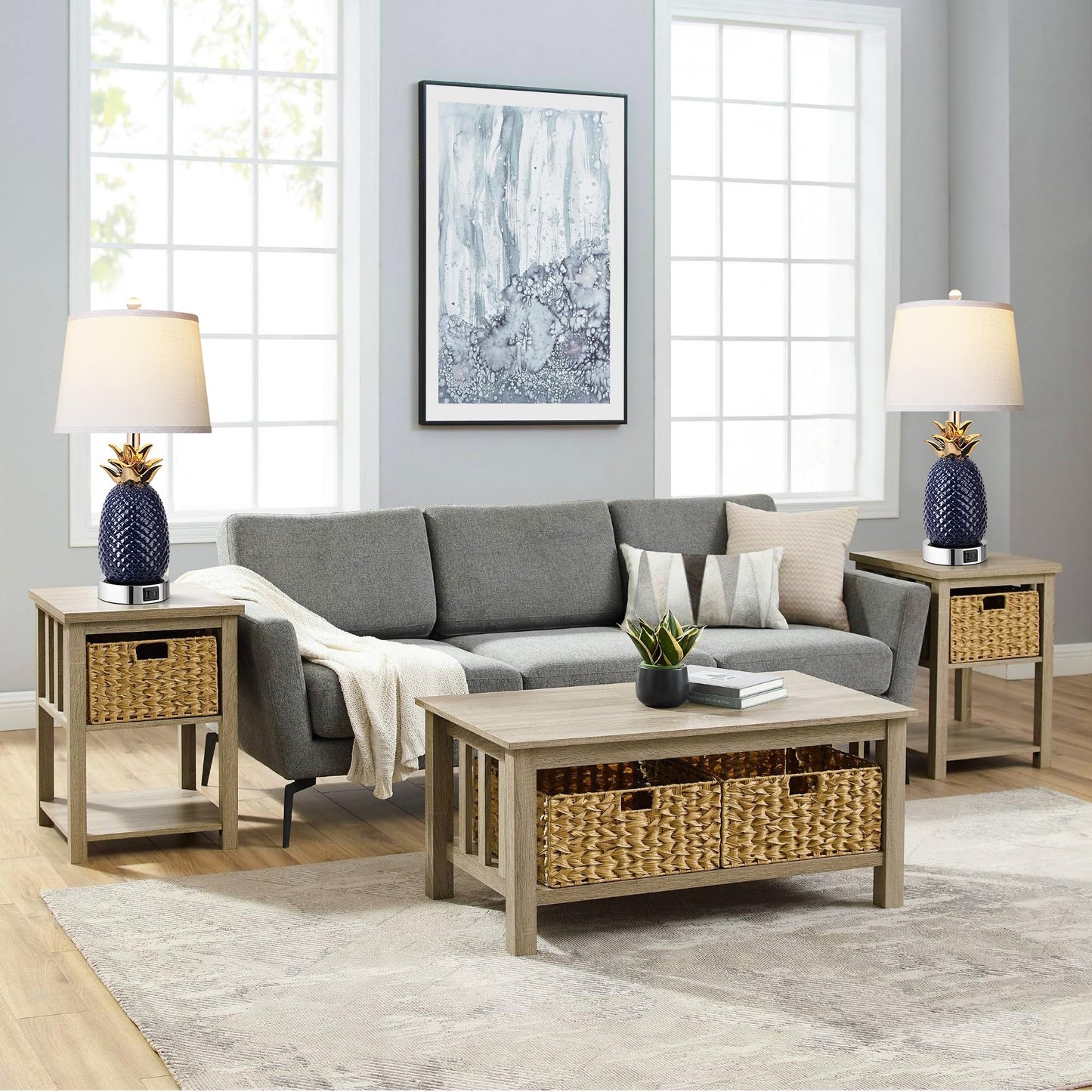 ROTTOGOON 22" Pineapple Table Lamps Set of 2, 3 way Dimmable Ceramic Table Lamp with USB Port, Tall Coastal Table Lamps for Bedroom, Home Office