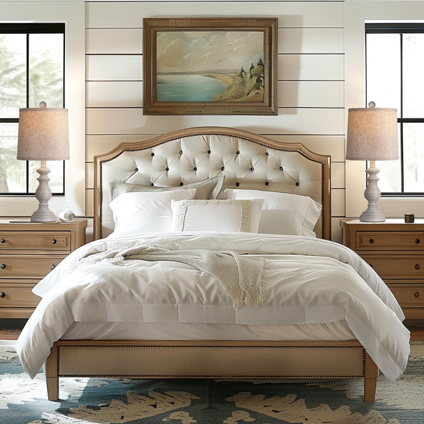 Traditional Table Lamp Set of 2, Rustic Farmhouse Table Lamps for Living Room Bedroom, 22" Bedside Desk Lamps Vintage Nightstand Lamps with Linen Shades, Antique Grey