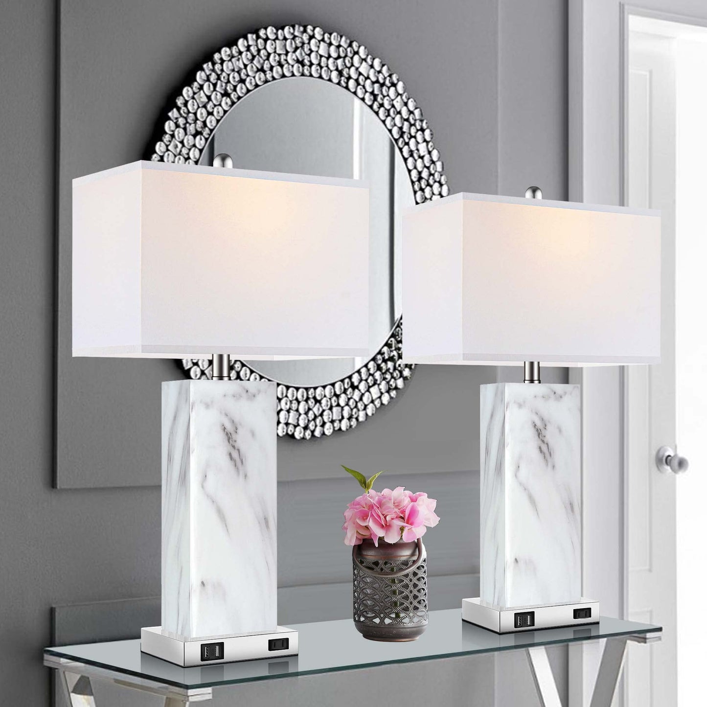 ROTTOGOON Touch Control Table Lamps Set of 2, Modern Ceramic Bedside Lamp with 2 USB Ports 1 AC Outlet, for Living Room Bedroom