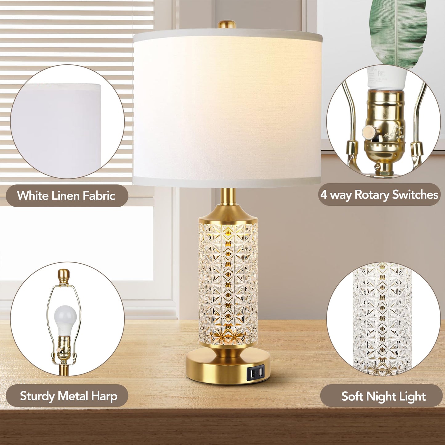 ROTTOGOON Set of 2 Table Lamps with USB Ports, Modern Bedside Lamp with LED Night Light for Bedroom, Nightstand Lamps for Living Room Office