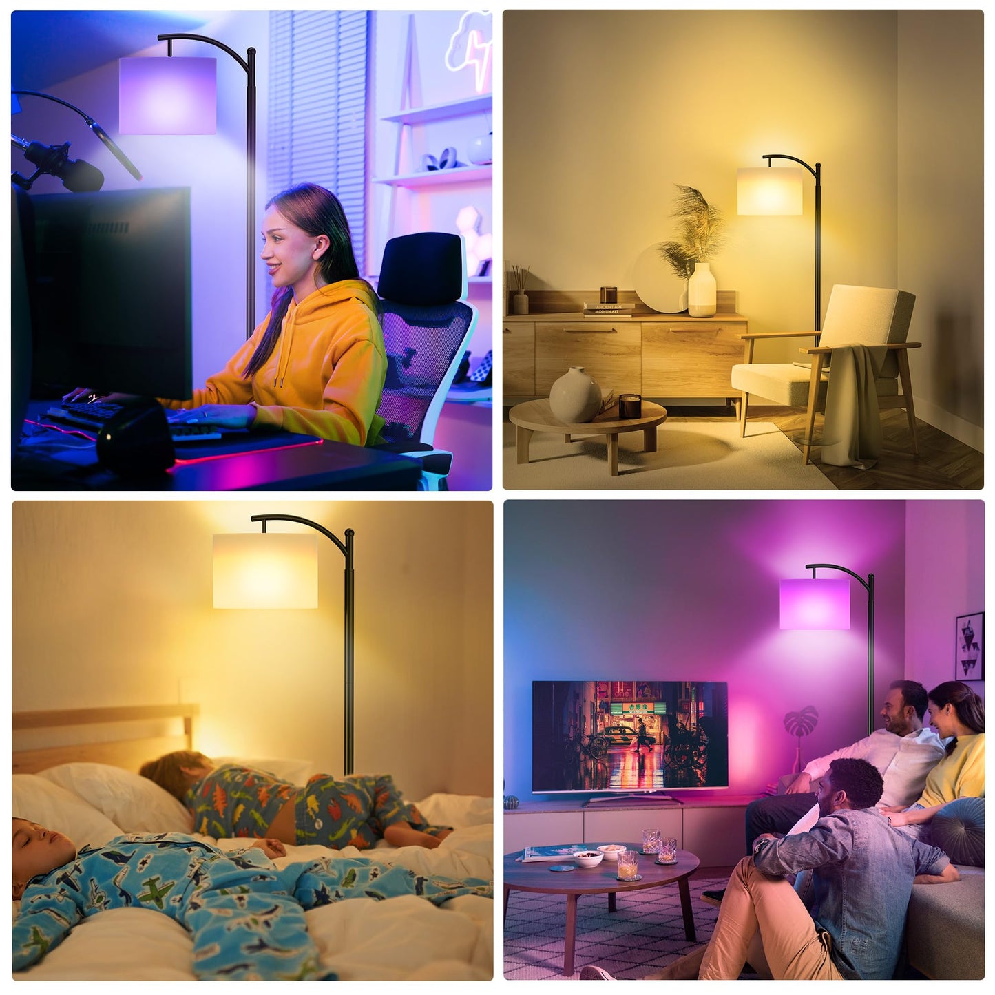 Floor Lamps with Matter Smart Light Bulb, RGB + Color Temperatures Bright Dimmable Smart Floor lamp, Living Room Standing Tall Industrial Floor Lamp (Beige Lampshade Included) -Black