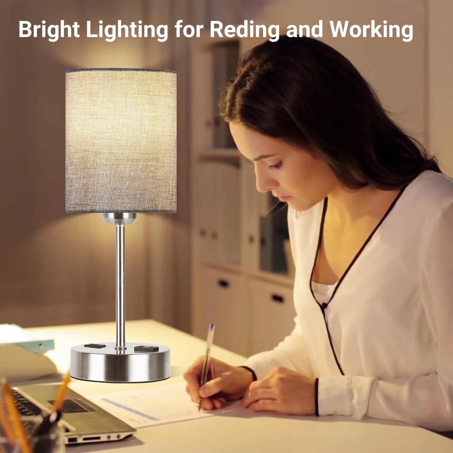 ROTTOGOON Touch Table Lamps Set of 2 with USB Port & Power Outlet, Dimmable Desk Lamp for Living Room Nursery Room, Bulbs Included, Grey