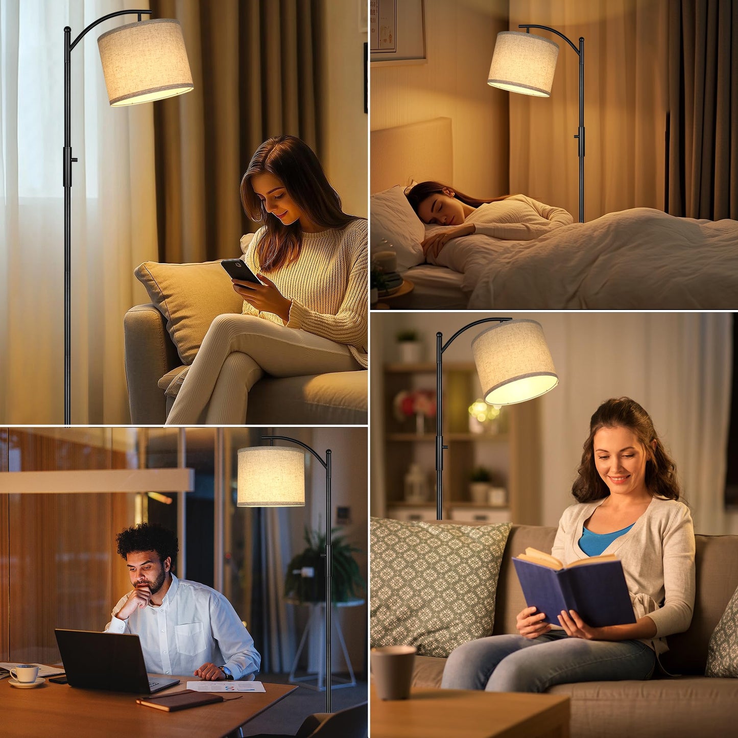 Dimmable Floor Lamp, Arc Floor Lamps for Living Room, Stepless Dimming Modern Standing Lamp with Linen Shade, Tall Lamp for Bedroom Office Dining Room- Black